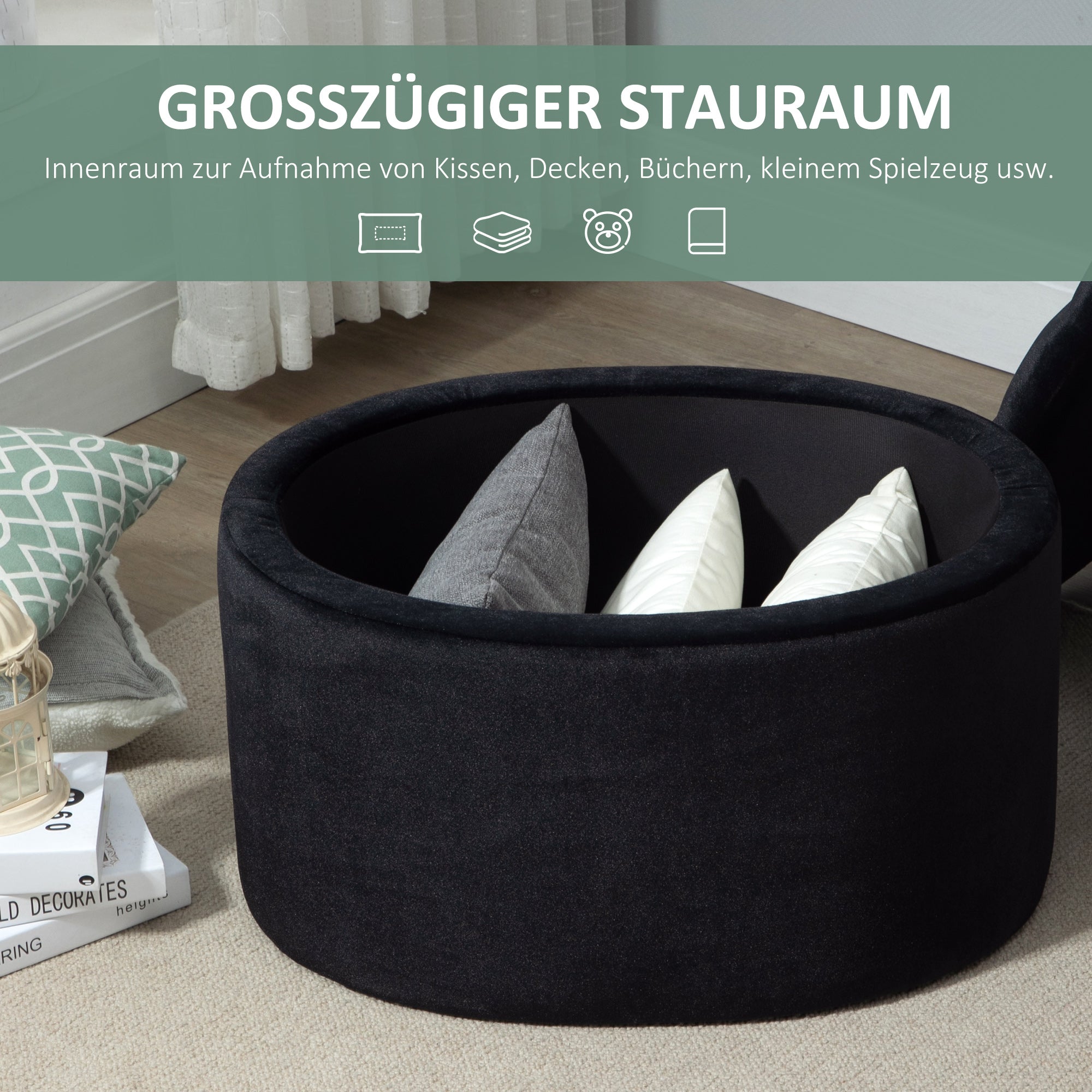 HOMCOM Sitzbank mit Stauraum Polsterbank mit Samtoptik, Sitztruhe Ovale Form, Truhenbank für Wohnzimmer Schlafzimmer Flur 71 x 52 x 42 cm, Schwarz