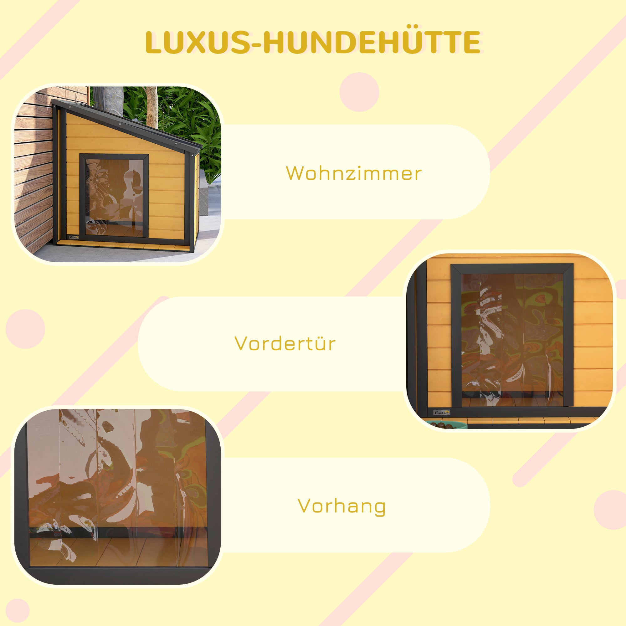 PawHut Hundehütte, aufklappbares Asphaltdach, Vorhang, 71x58x53/77 cm, Schwarz/Gelb
