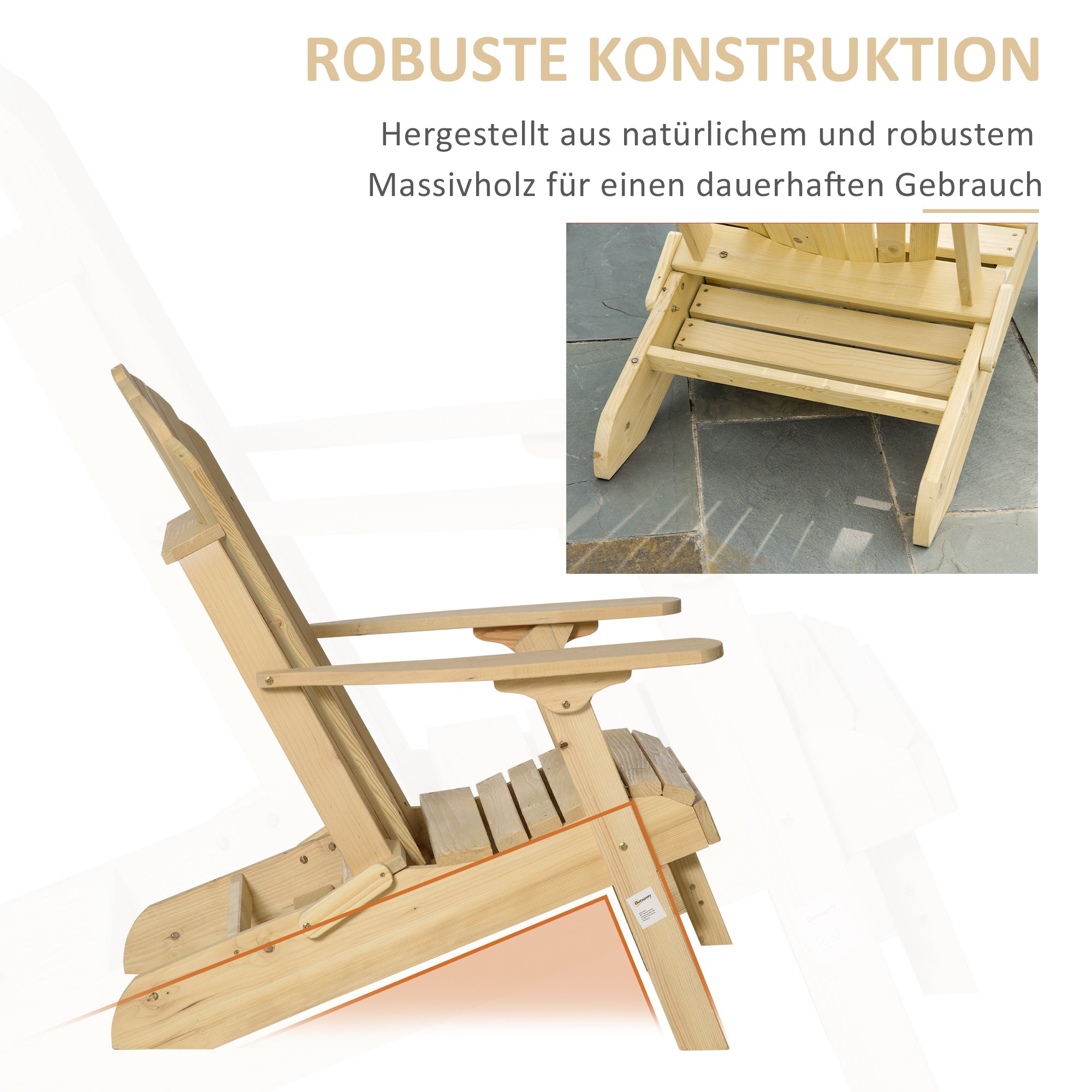 Outsunny Adirondack Stuhl Klappbar Adirondack Chair aus Holz Outdoor Gartenstuhl mit Fußstütze Hoher Rücken- und Armlehnen Balkonstuhl Gartensessel für Garten, Balkon 78 x 140 x 94cm Natur