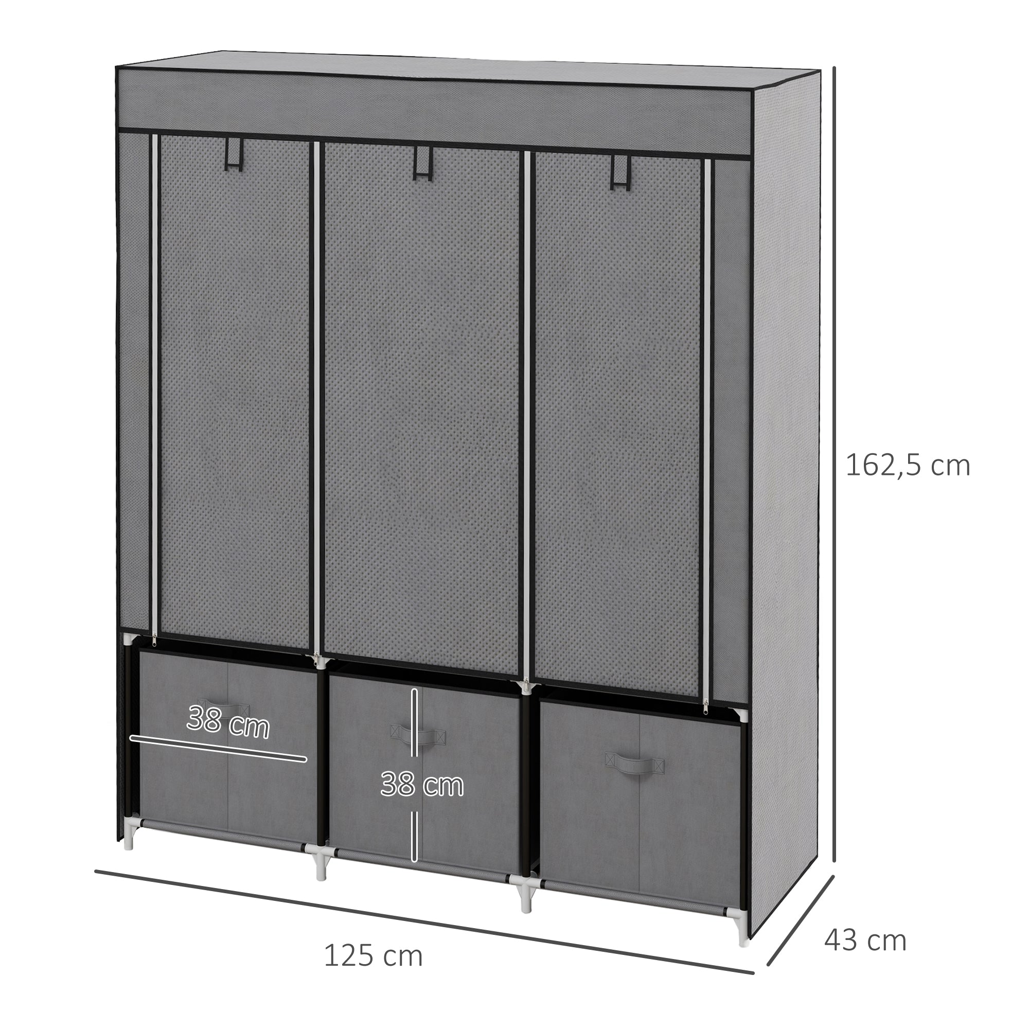 HOMCOM Stoffschrank aus Vlies, Faltschrank, inkl. 3 Schubladen, 125 cm x 43 cm x 162,5 cm, Grau