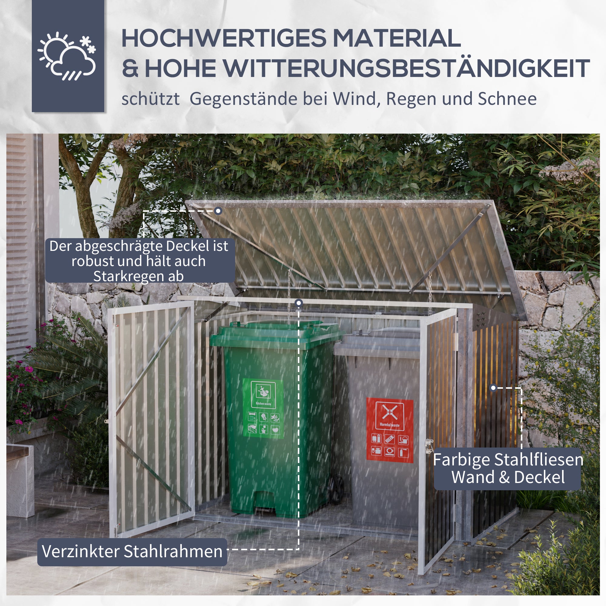 Outsunny Mülltonnenbox Müllbox Storer abschließbar Gerätebox für 2 Mülltonnen Stahl 178,5 x 104,5 x 128,5/113 cm Schwarz