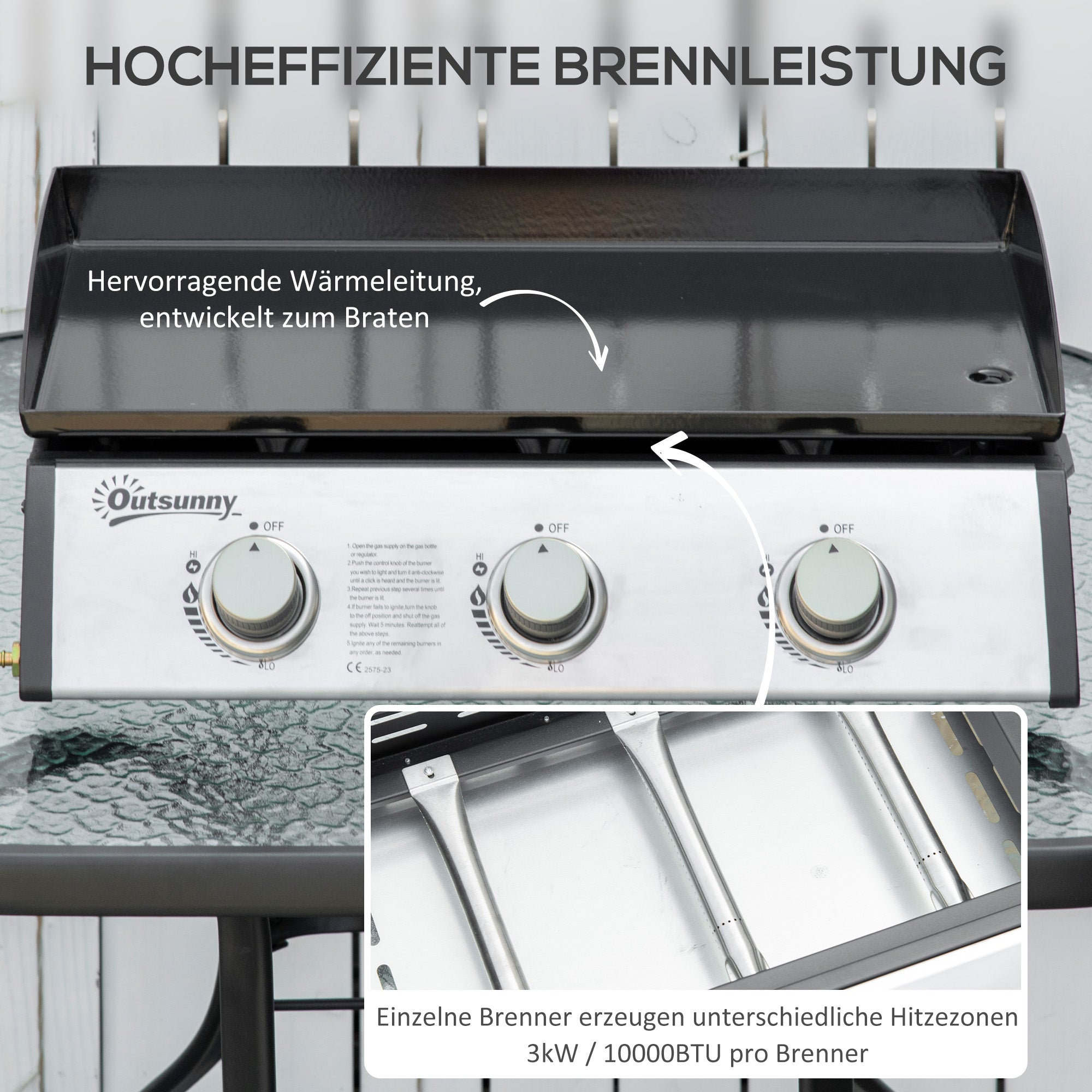Outsunny Gasgrill mit 3 Brennern, Schlauch, Antihaft-Grillplatte, Edelstahl, Farbe: Silber, 63 x 48 x 21 cm