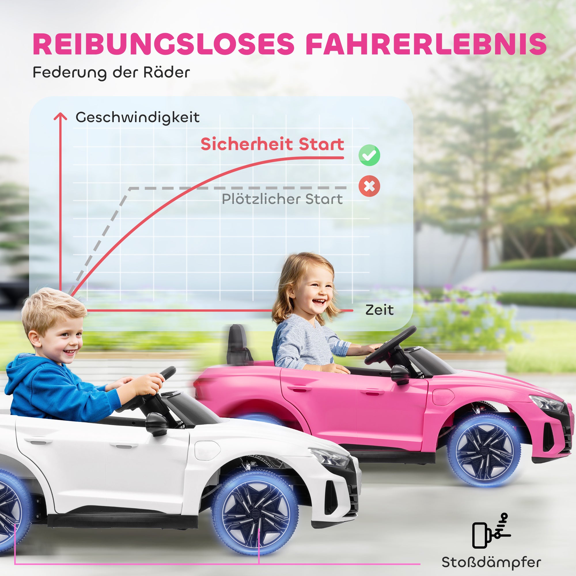 HOMCOM Kinder-Elektroauto mit Fernbedienung, Sicherheitsgurt, Hupe, Musik, Scheinwerfer, bis 5 km/h, 3-5 Jahre, Rosa