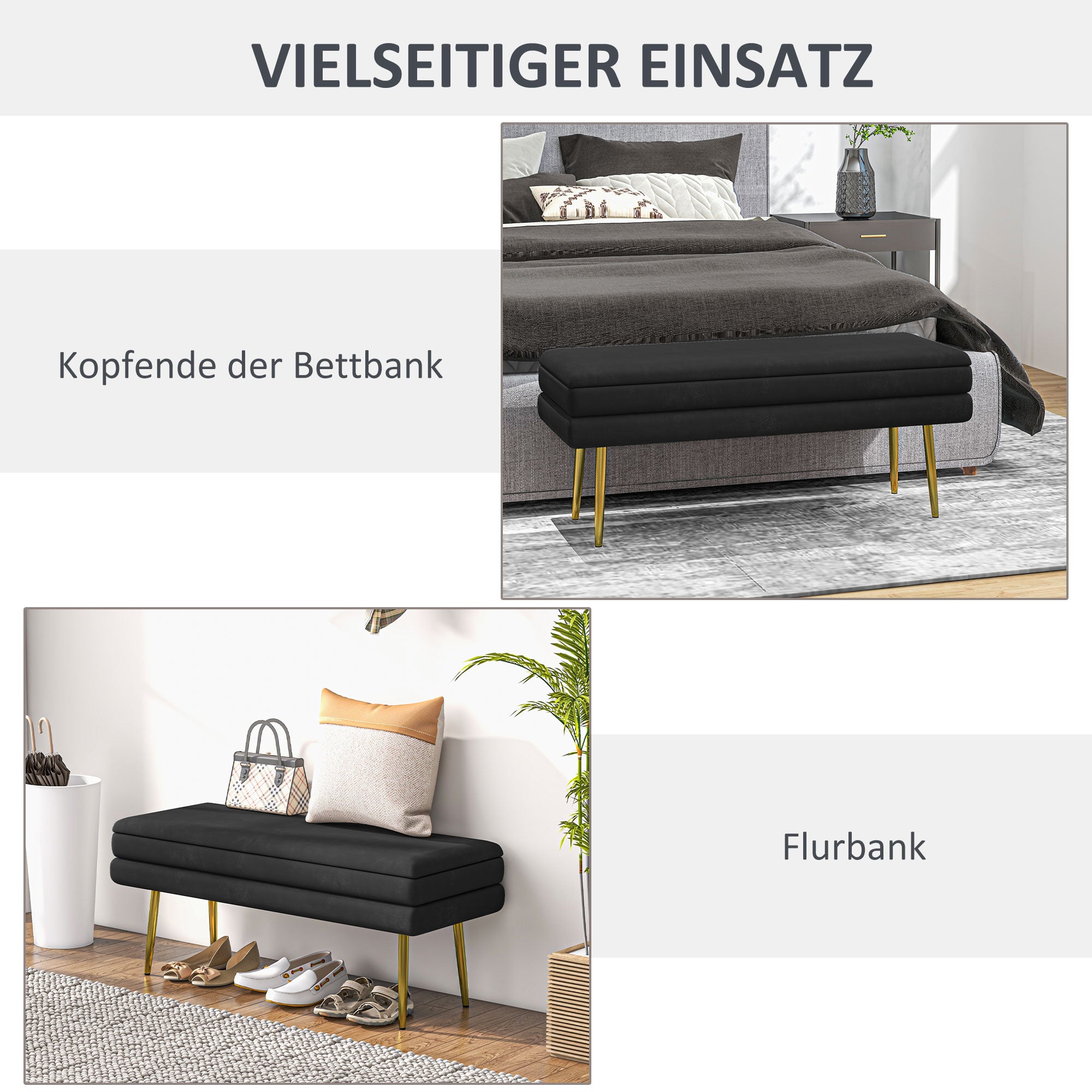 HOMCOM Sitzbank Polsterbank, mit Stauraum, Stahl, 100 cm x 37,5 cm x 42 cm, Schwarz
