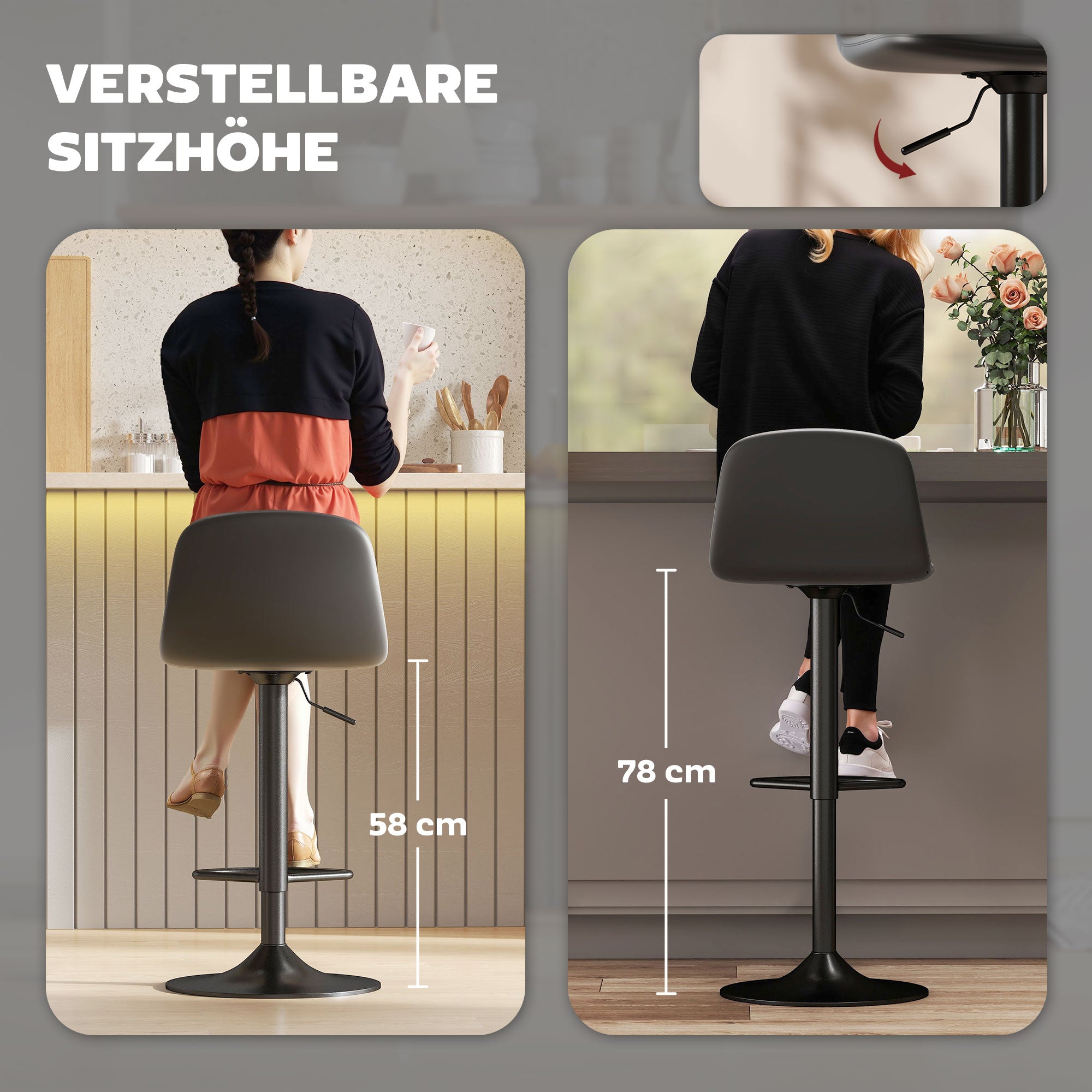 HOMCOM 2er-Set Barhocker, Barstühle mit Kunstlederbezug, drehbar, mit Rückenlehne und Fußstütze, Metallbasis, Schwarz