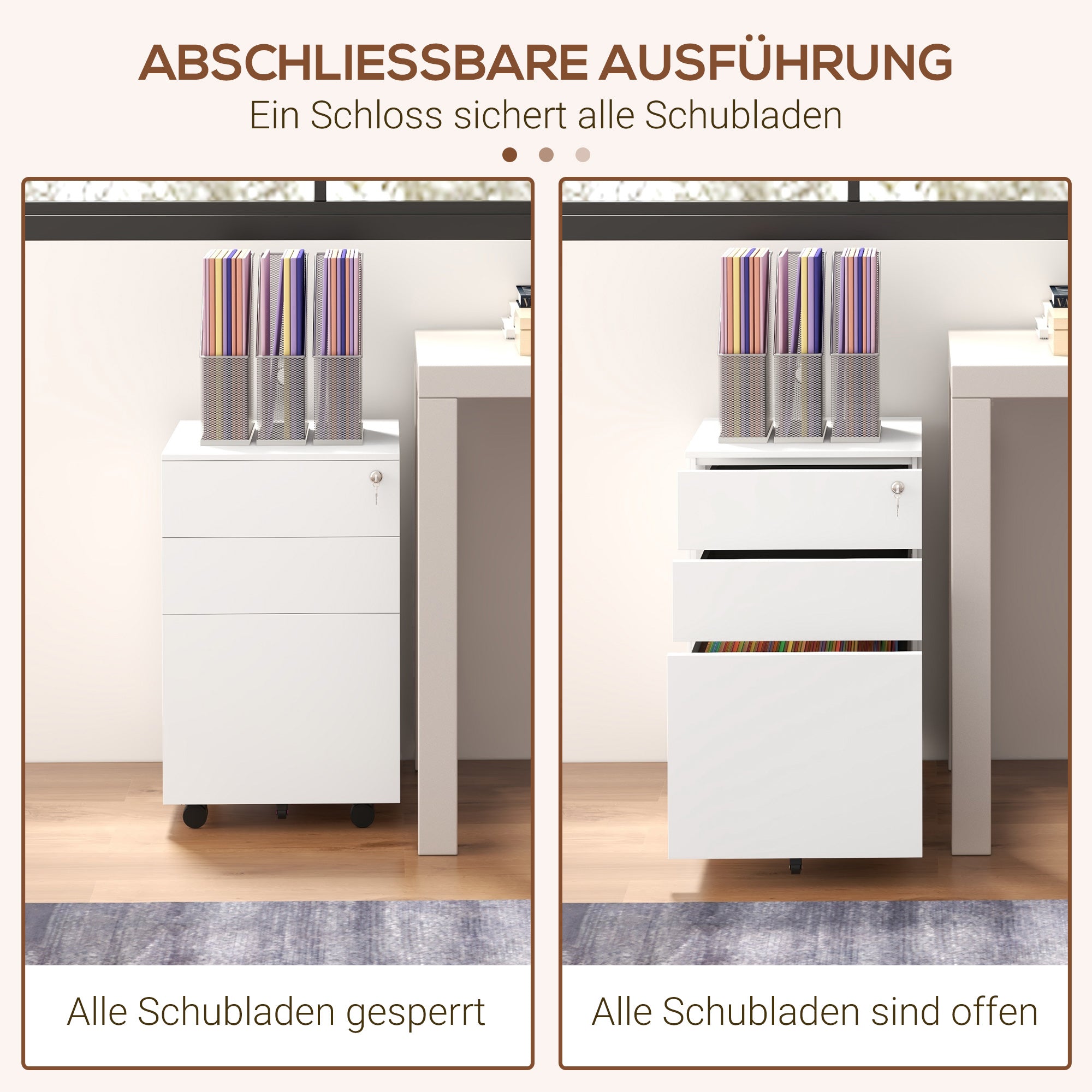 Vinsetto Rollcontainer Aktenschrank, 3 Schubladen, abschließbar, rollbar, 37 cm x 43,5 cm x 60 cm, Weiß