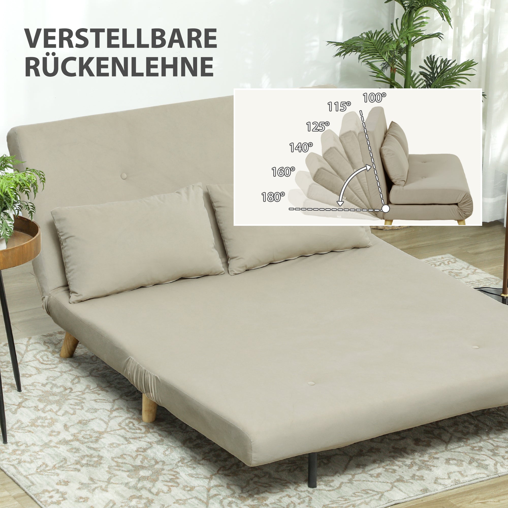 HOMCOM Schlafsofa Relaxsofa Sofa Couch, inkl. 2 Kissen, Samtoptik, 130 x 78 x 79 cm, Beige