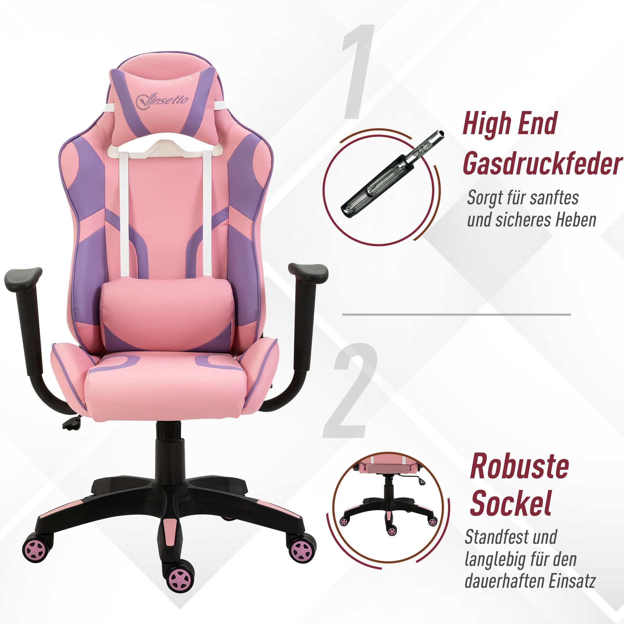 Vinsetto Ergonomischer Gaming Stuhl Bürostuhl Drehstuhl Verstellbares Massage Lendenkissen Höhenverstellbar Rosa&Violett 69x56x125,5 cm