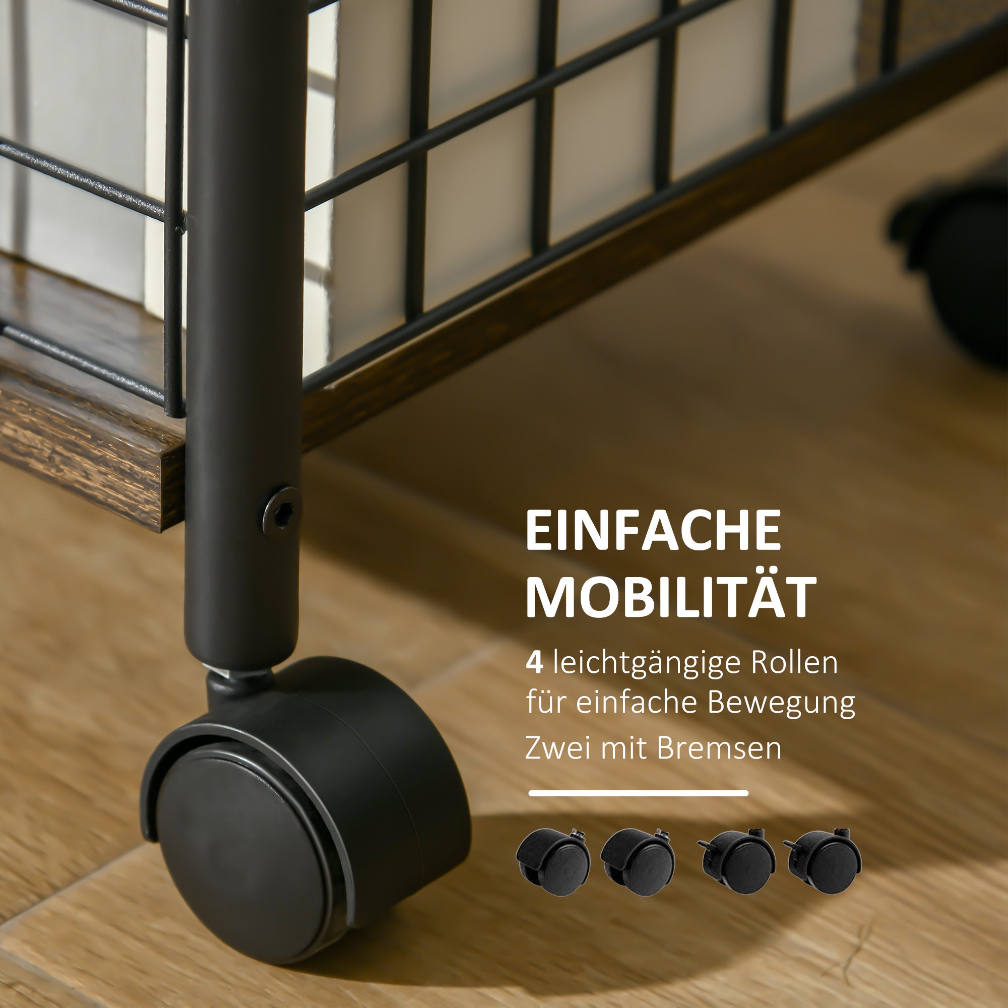 HOMCOM Küchenwagen im Industriedesign 1 Regal 1 Aufbewahrungskorb 4 Räder 40 cm x 30 cm x 62 cm Stahl Schwarz + Braun