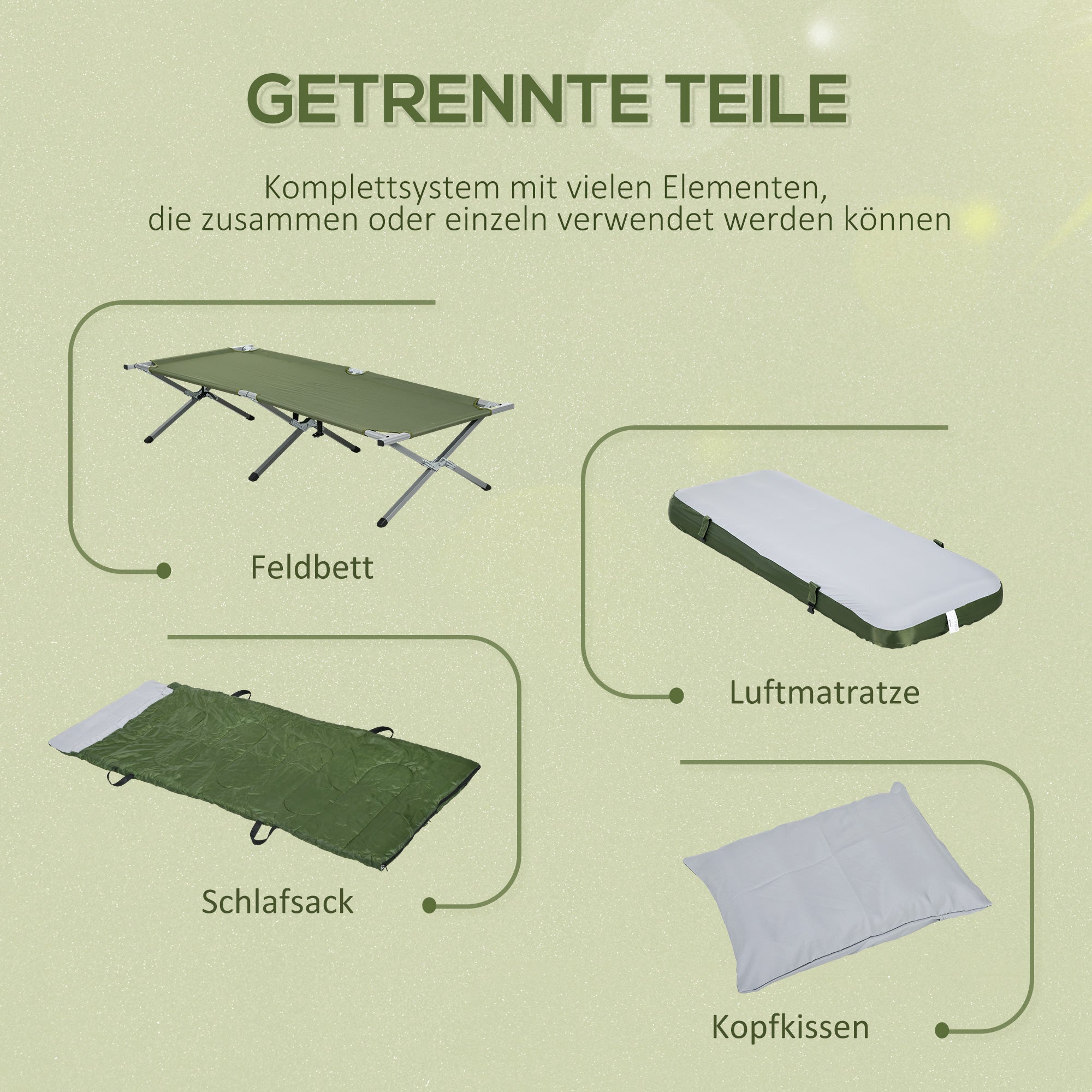 Outsunny Campingbett Feldbett, 5-teiliges-Set, inkl. Transporttasche, 193 x 86 x 43/63 cm, Grün