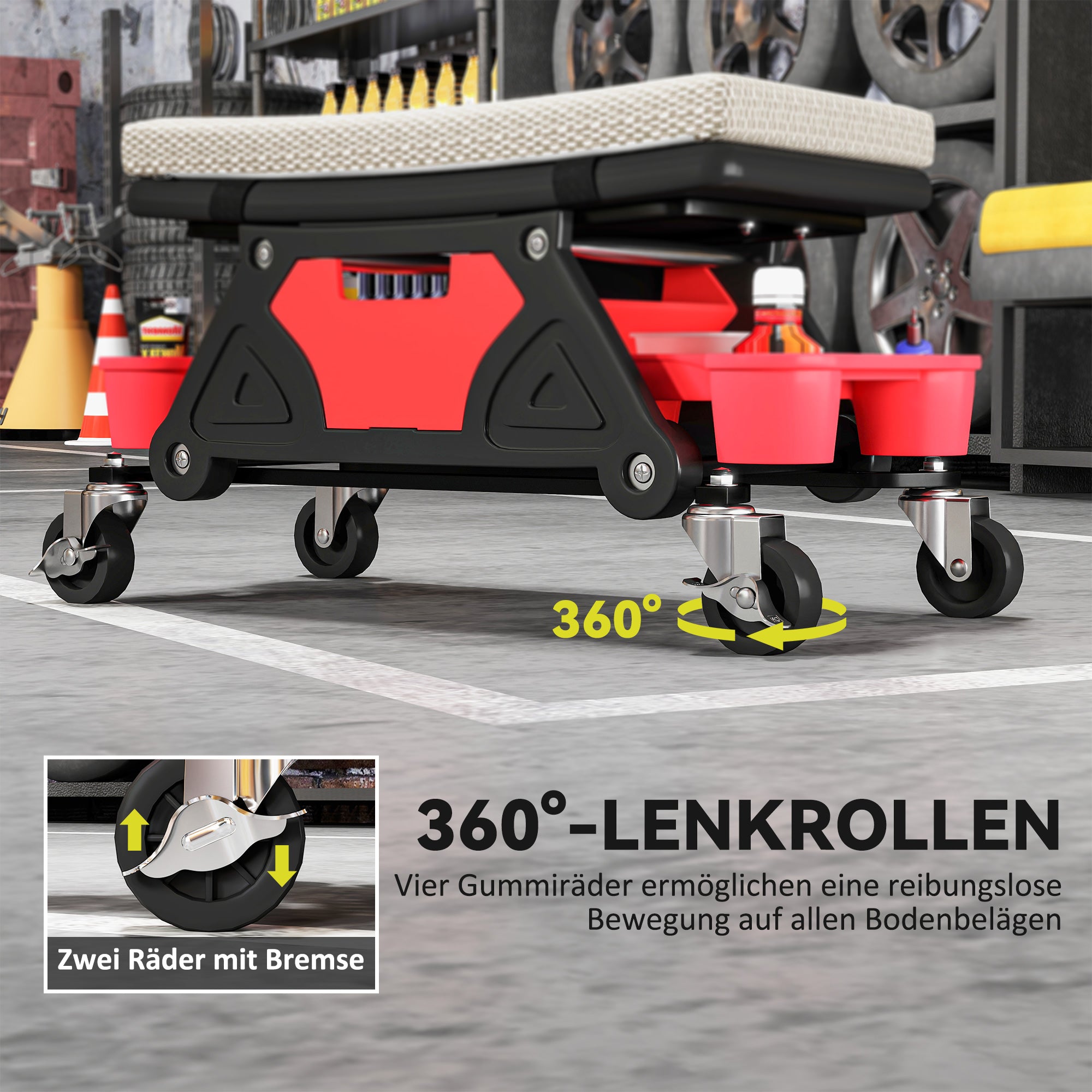 HOMCOM Werkstatthocker mit Rollen Ablagefläche 35cm hoch Rollhocker bis 135 kg belastbar Grau