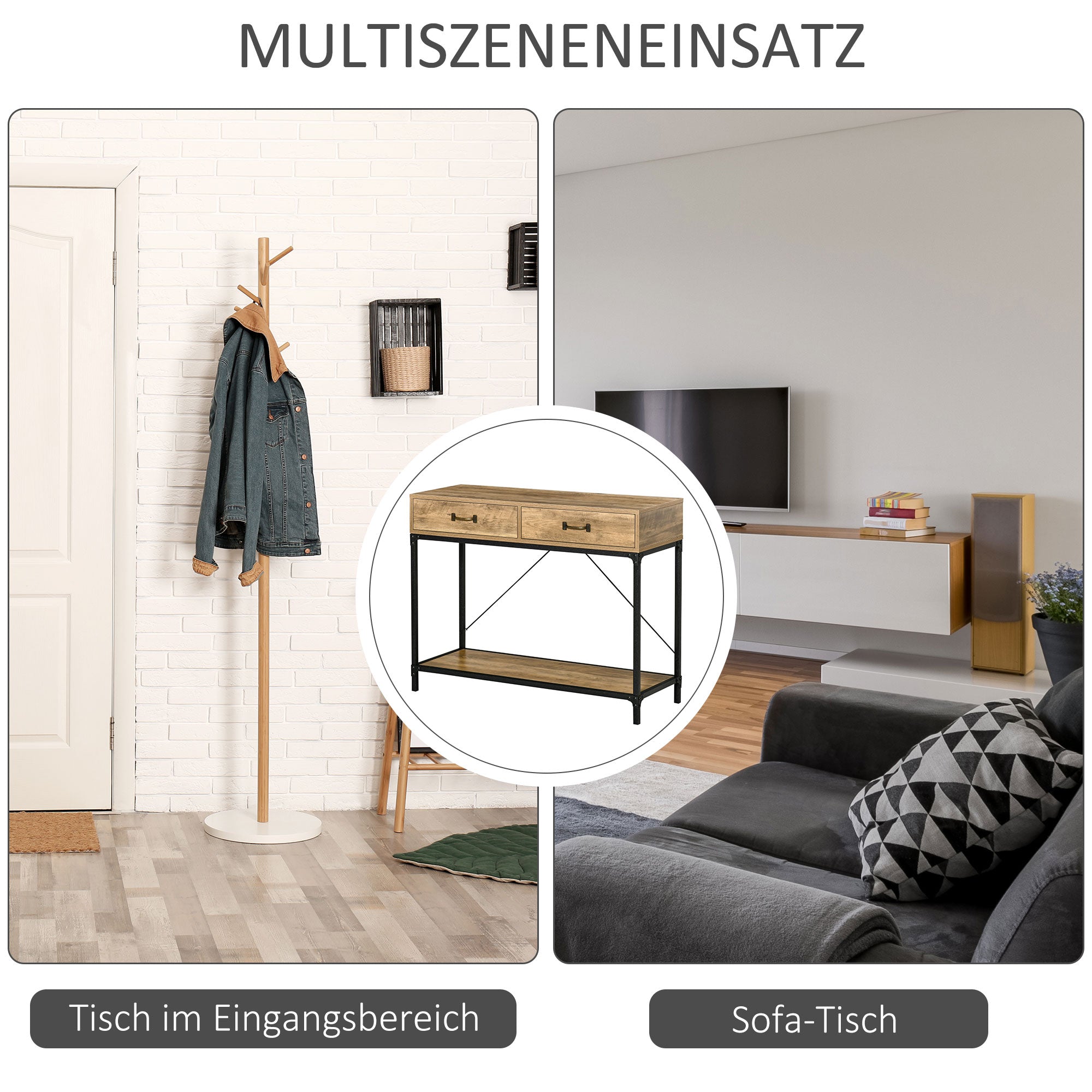 HOMCOM Konsolentisch Flurtisch mit Ablage und 2 Schubladen, 100 x 35 x 76,5 cm Beistelltisch Sofatisch Ausstellungstisch für Kleinen Raum, Eingang, Flur, Wohnzimmer Braun+Schwarz