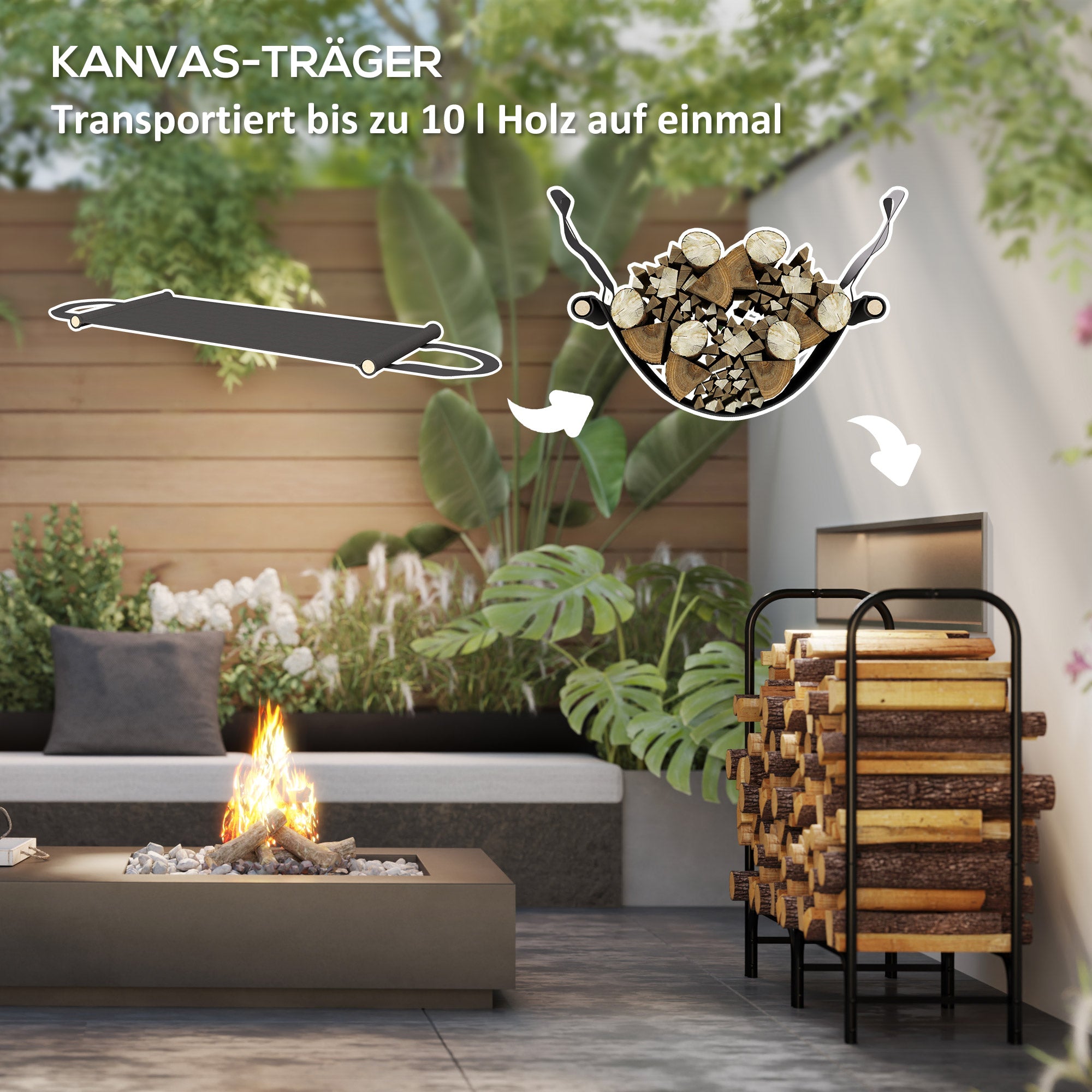 Outsunny Feuerholzgestell, 0,33 m³, mit Tragetasche & Abdeckung, Metallrahmen, bis 150 kg, 120 x 36 x 99 cm, Schwarz