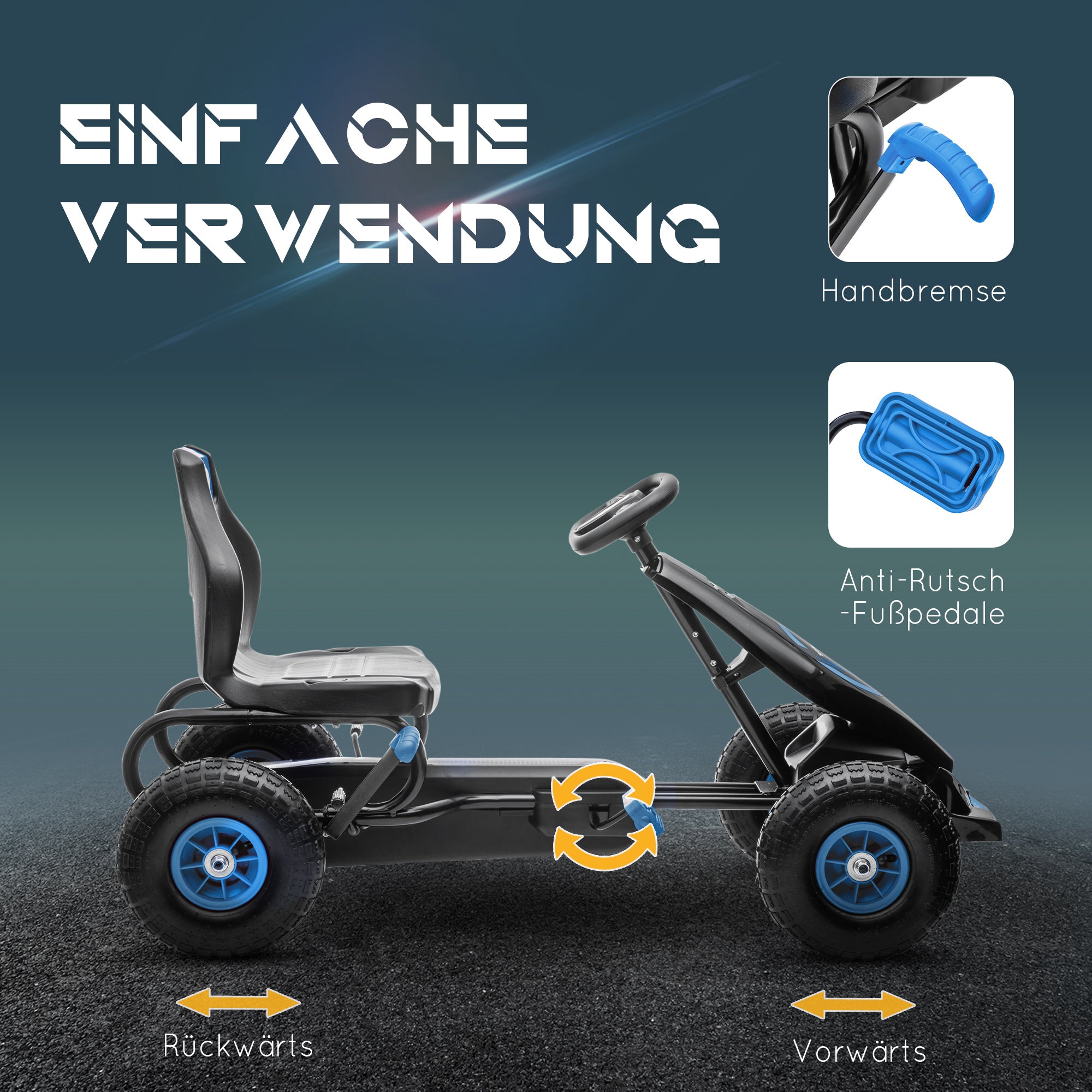 HOMCOM Kinder-Gokart, mit Pedalen, verstellbarem Sitz, In- und Outdoor, ab 5 Jahren, blau+schwarz, 121 x 58 x 61 cm