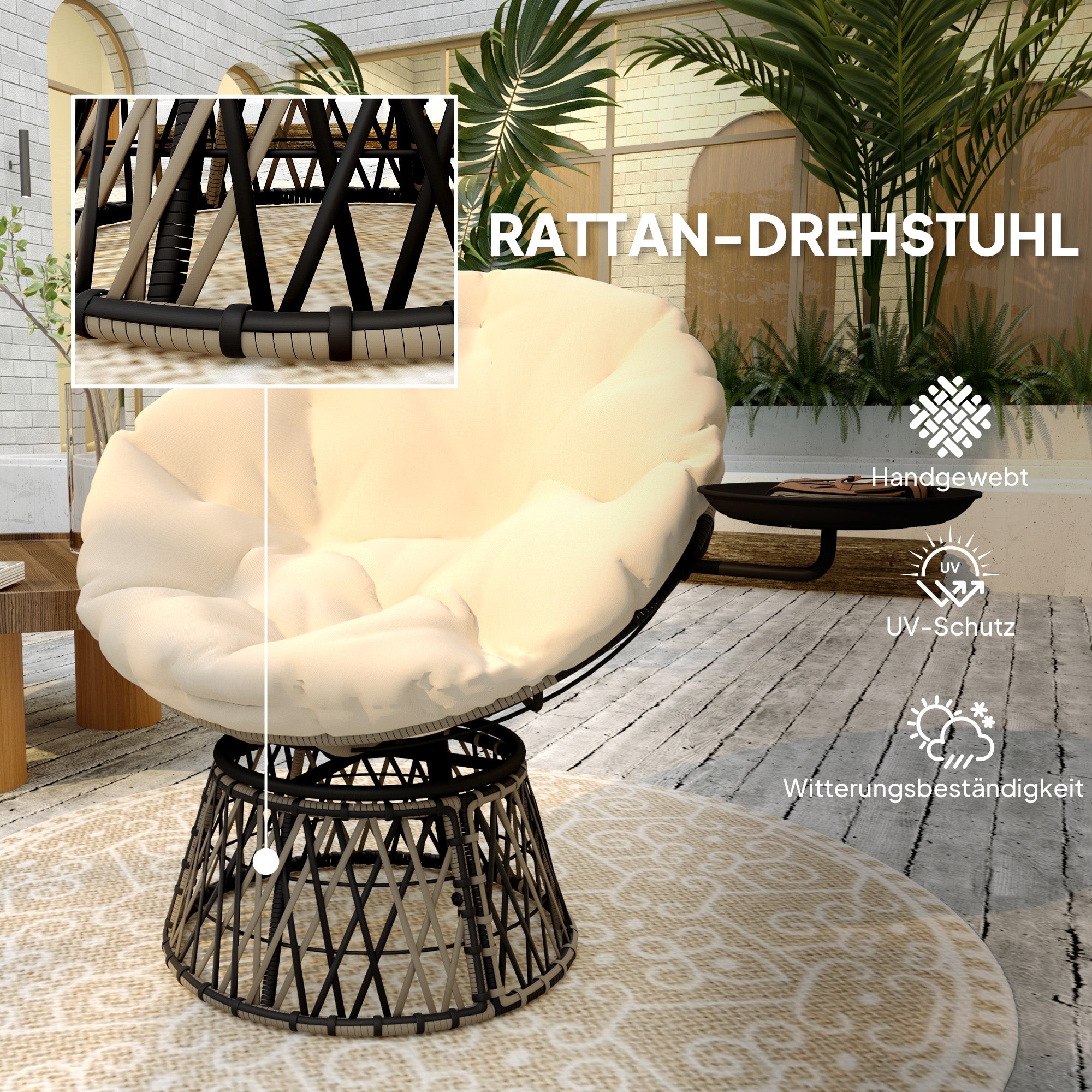 Outsunny Papasansessel Rattan 360° drehbar Korbsessel mit Kissen Durchmesser 90 cm runder Beige