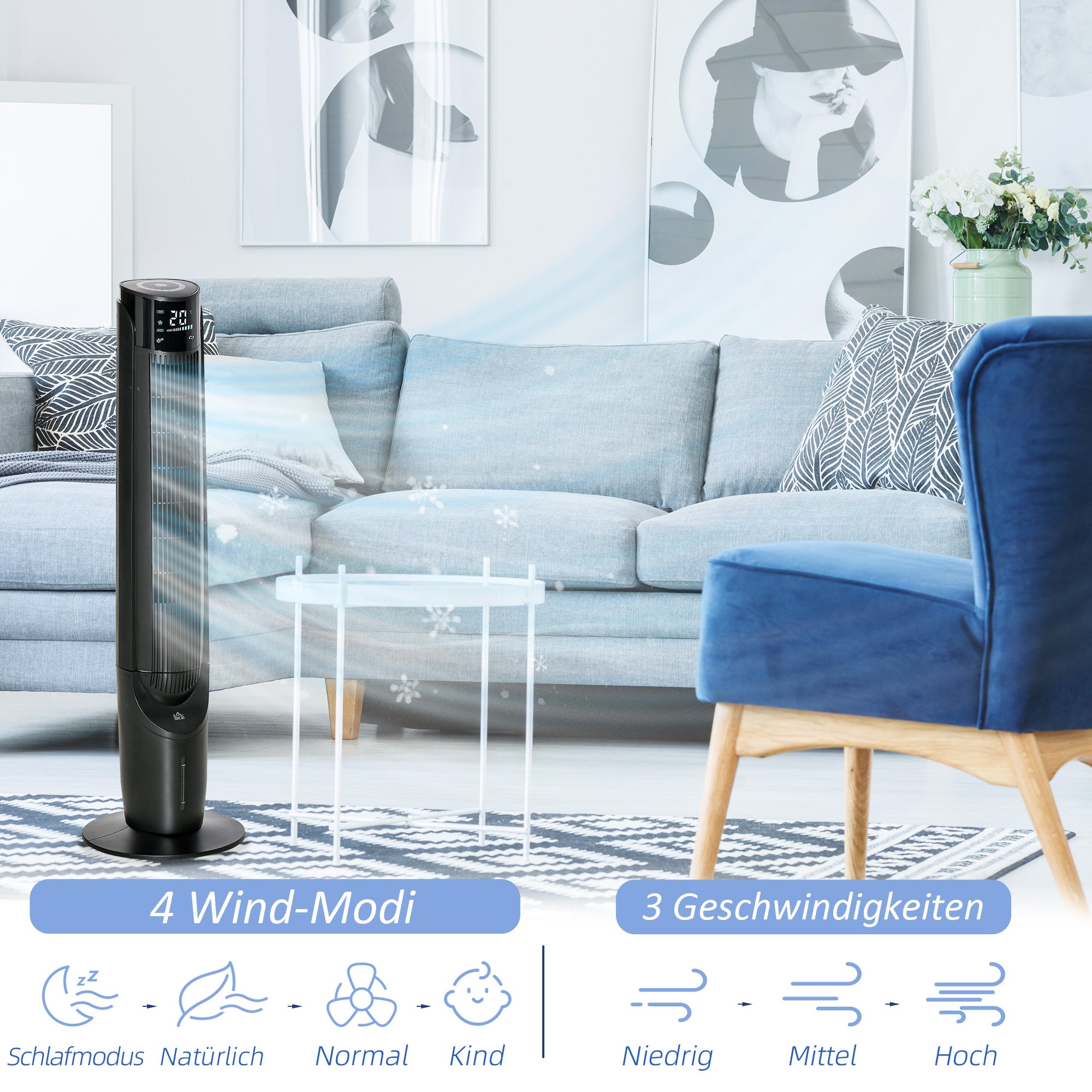 HOMCOM Turmventilator, Klimaanlage mit 4 Modi, 3 Geschwindigkeiten, Timer, Kunststoff