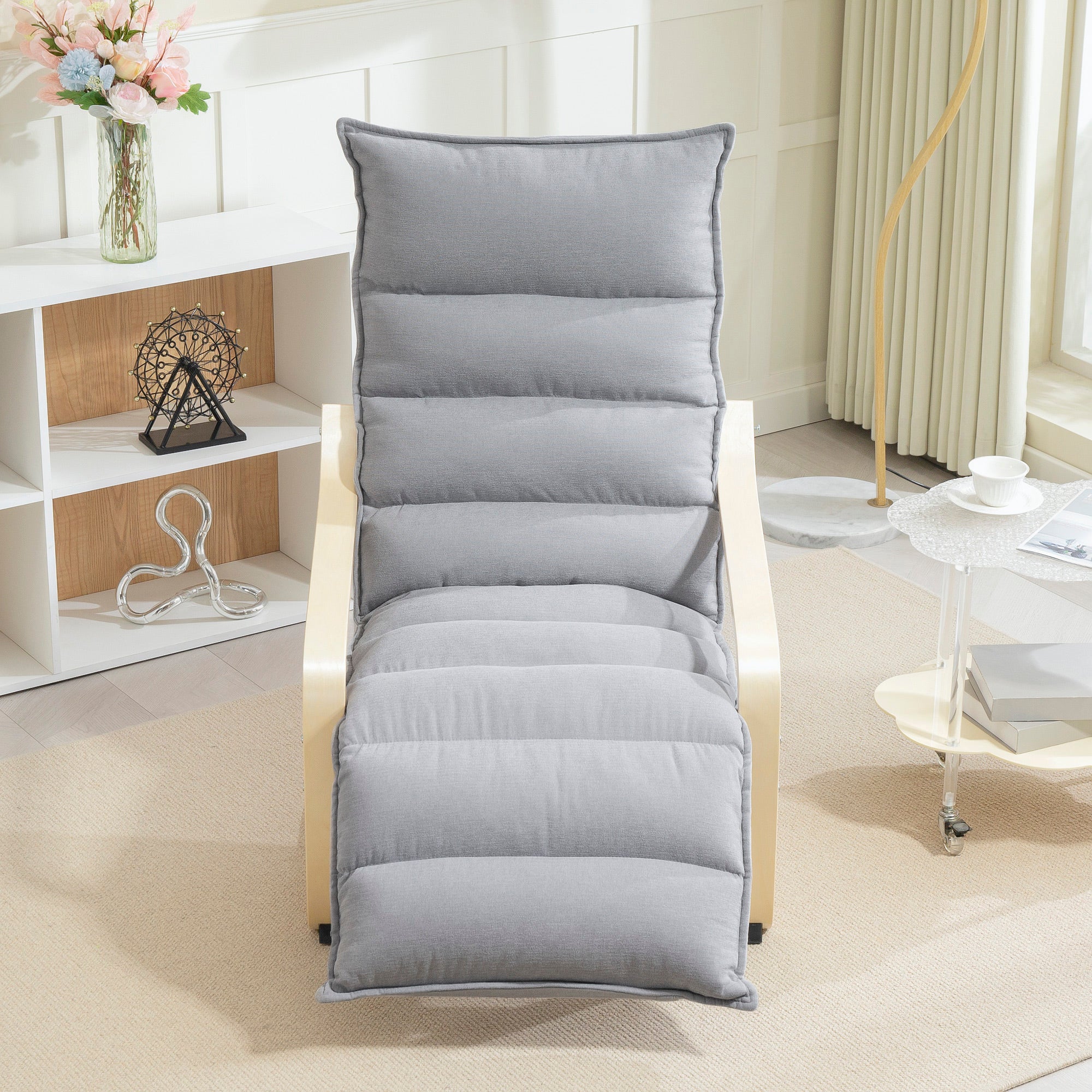 HOMCOM Lounge-Sessel aus Birkenholz, Polstersessel mit verstellbarer Fußstütze, Moderner Armlehnstuhl, Hellgrau