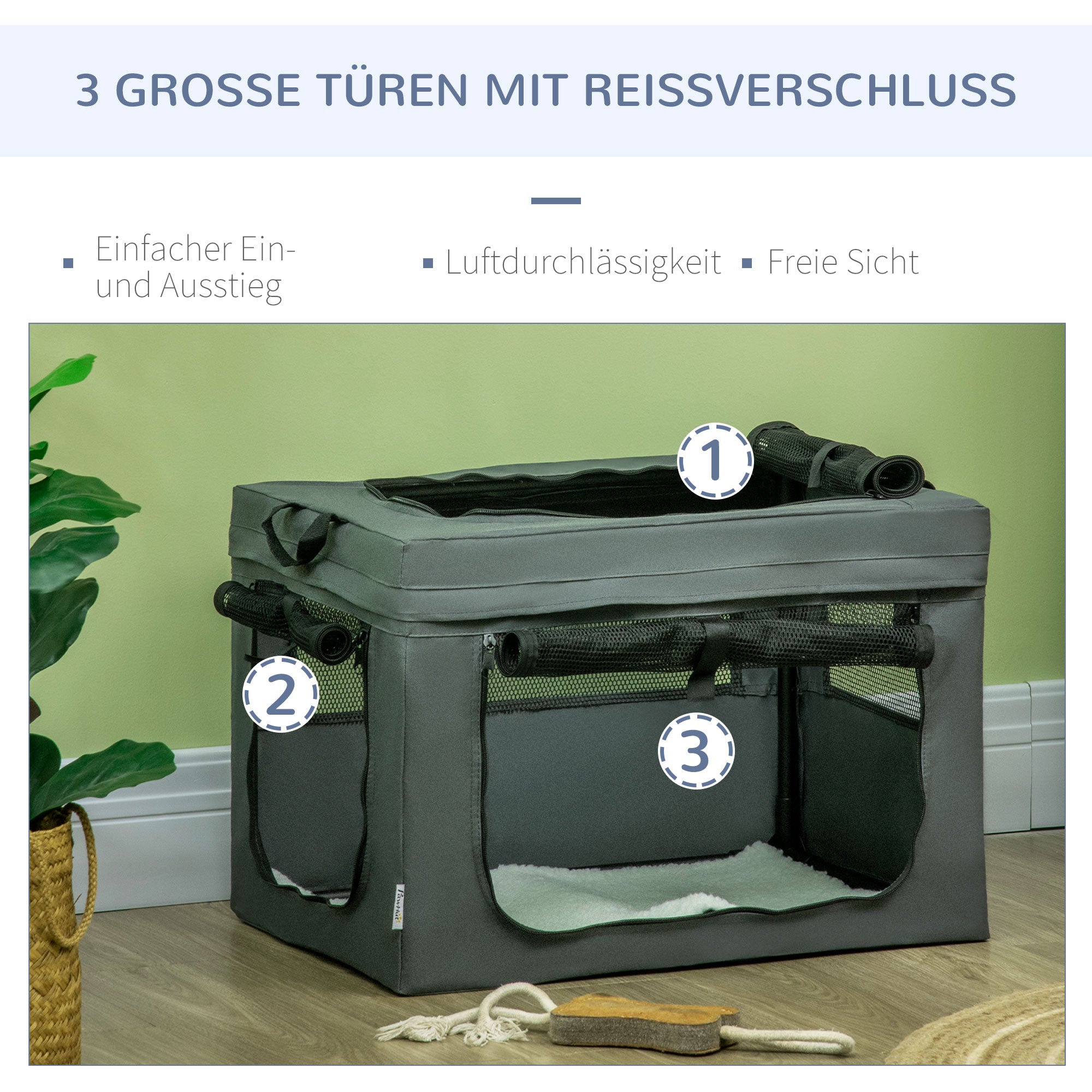 PawHut Transportbox, faltbar, 3 Eingänge, Innenkissen, für Hunde und Katzen bis 4 kg/40 cm, grau