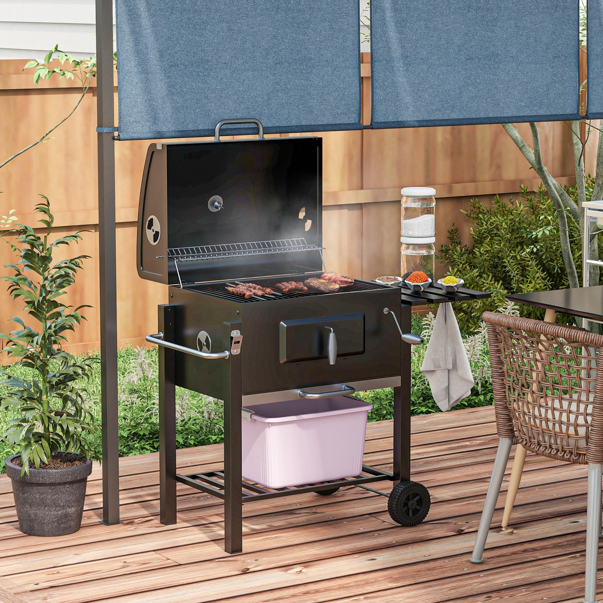 Outsunny Holzkohlegrill Smoker BBQ-Smoker, 1 Ablage, 1 Handtuchhalter, 2 Grillroste, 113 cm x 65 cm x 108 cm, Schwarz