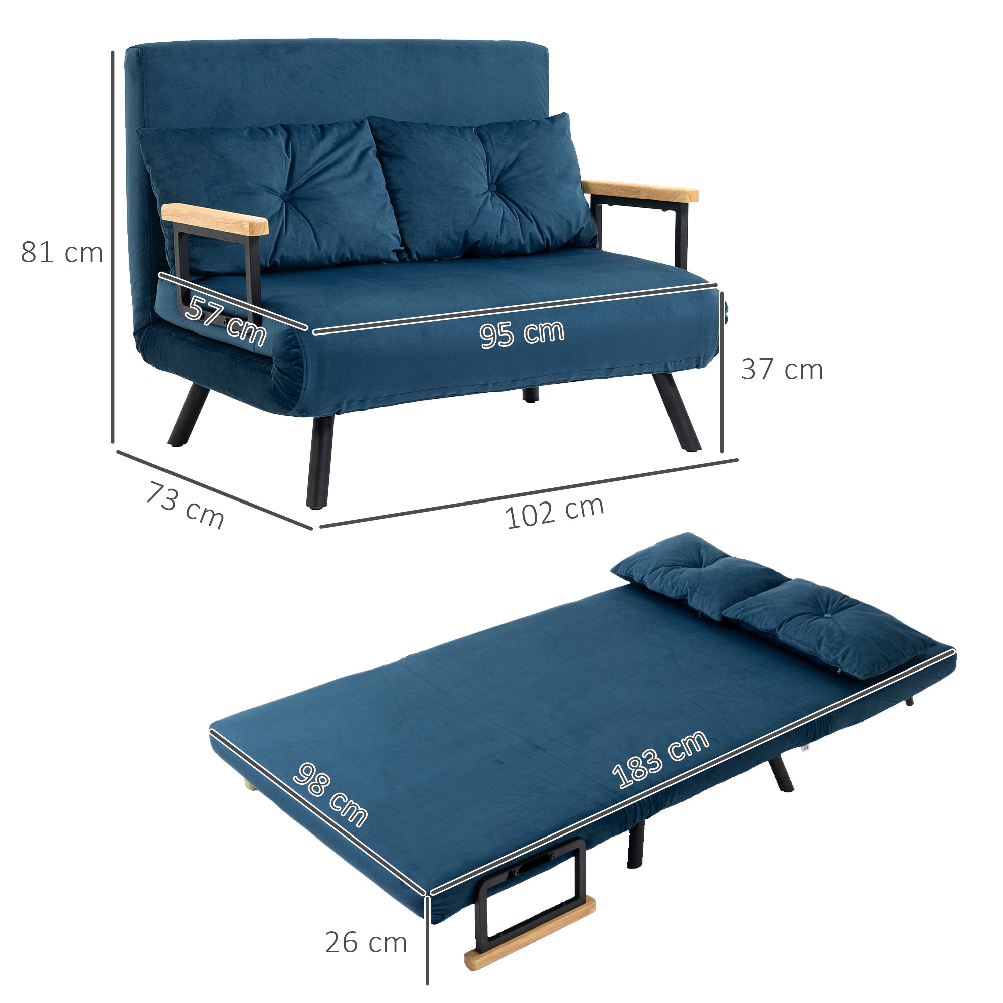 HOMCOM Schlafsofa 2er-Sofa Samtsofa, Schlaffunktion, inkl. 2 Kissen, Samtoptik, Natur + Blau