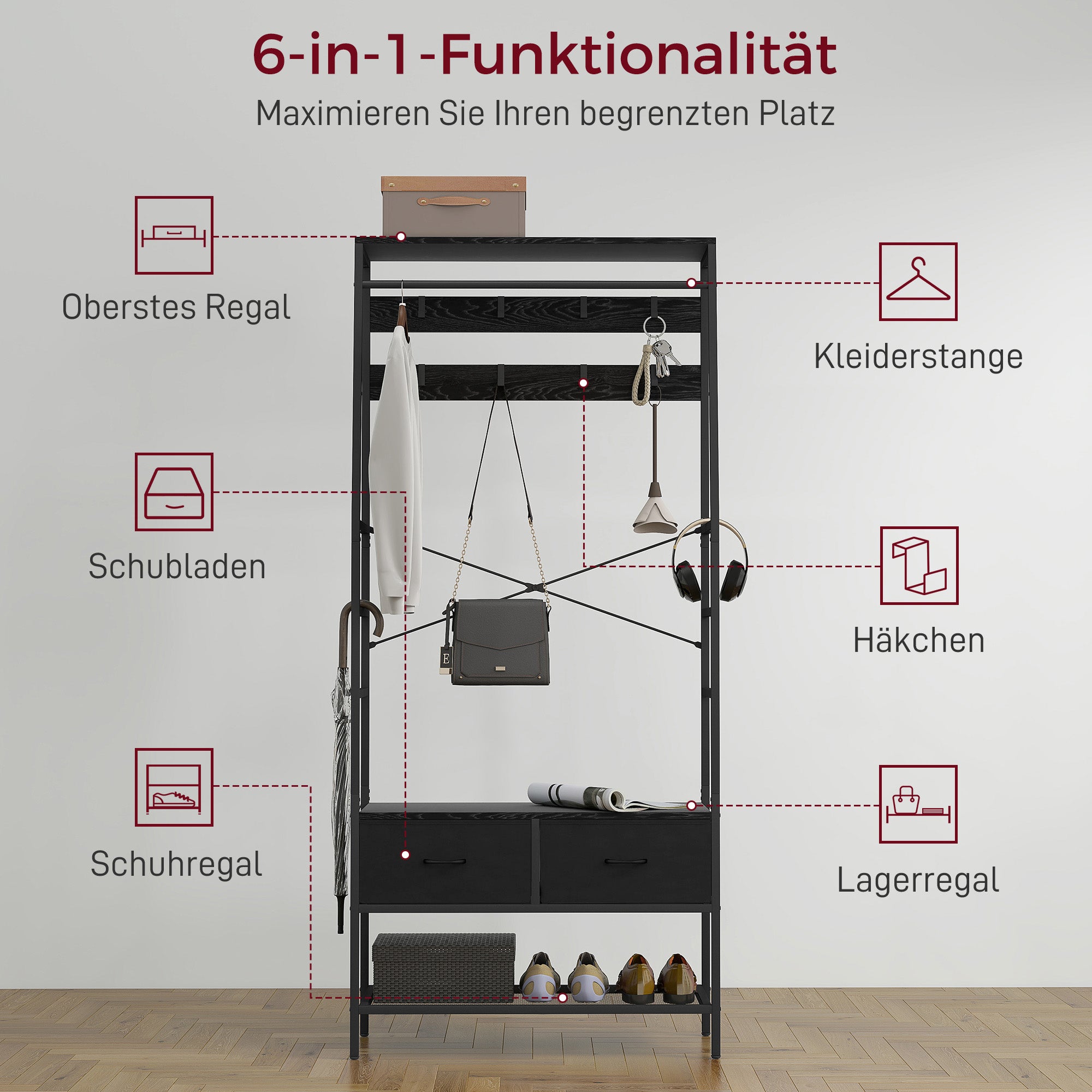 HOMCOM Garderobenständer mit Schuhregal, Kleiderständer im Industrie-Design, 2 Stoffschubladen, 8 Haken, Metallrahmen, Schwarz