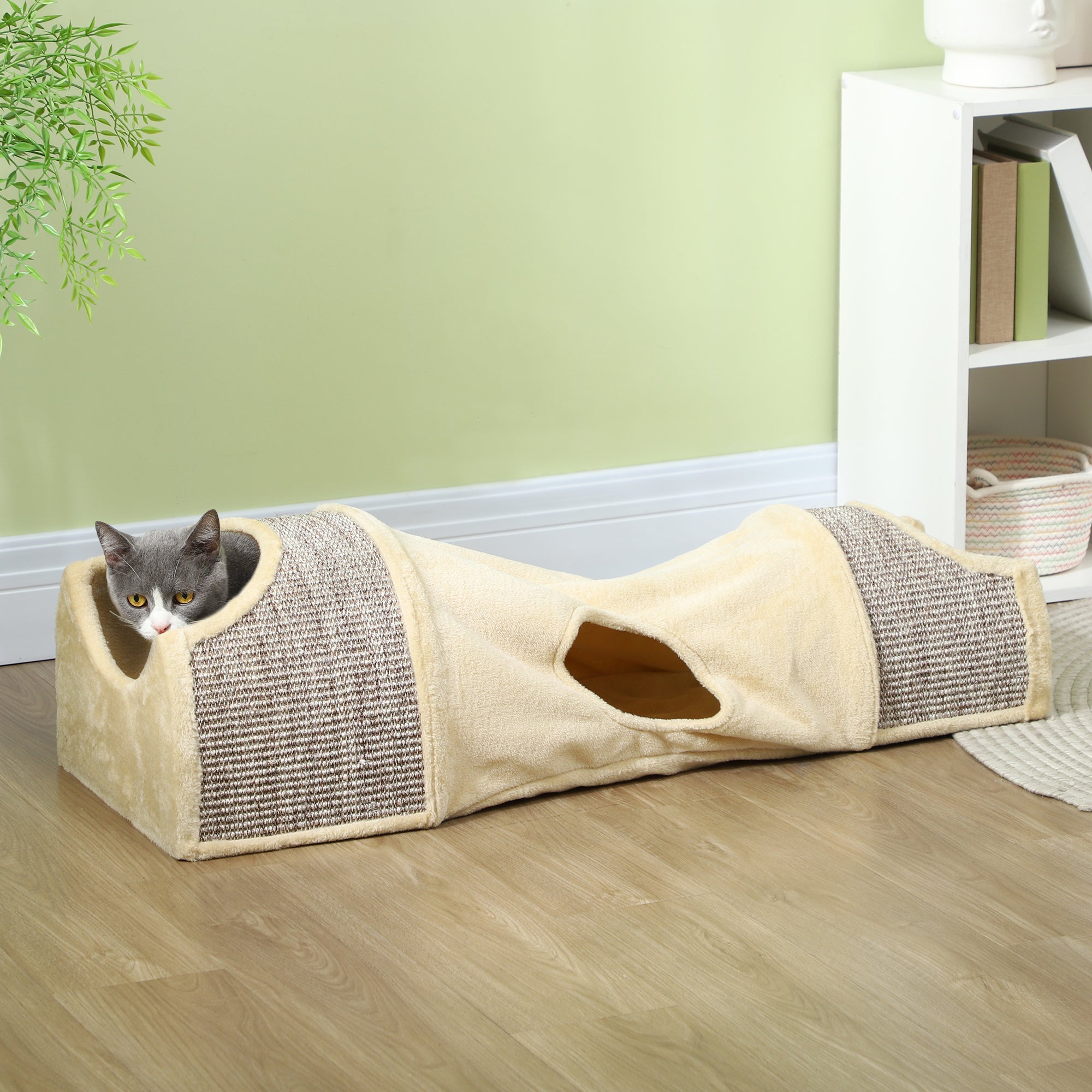 PawHut Katzentunnel mit 3 Öffnungen, plüschig, Sisal-Kratzseil, 107x38x29 cm, Beige/Grau