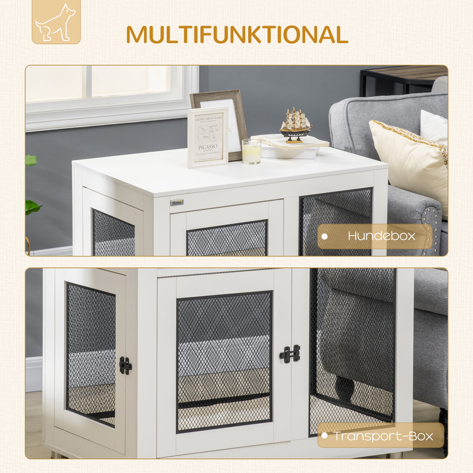 PawHut Hundebox, inkl. weicher Matte, 2 Türen, 2 Türen, verriegelbar, Stahl, Weiß, 94 x 60 x 71,5 cm