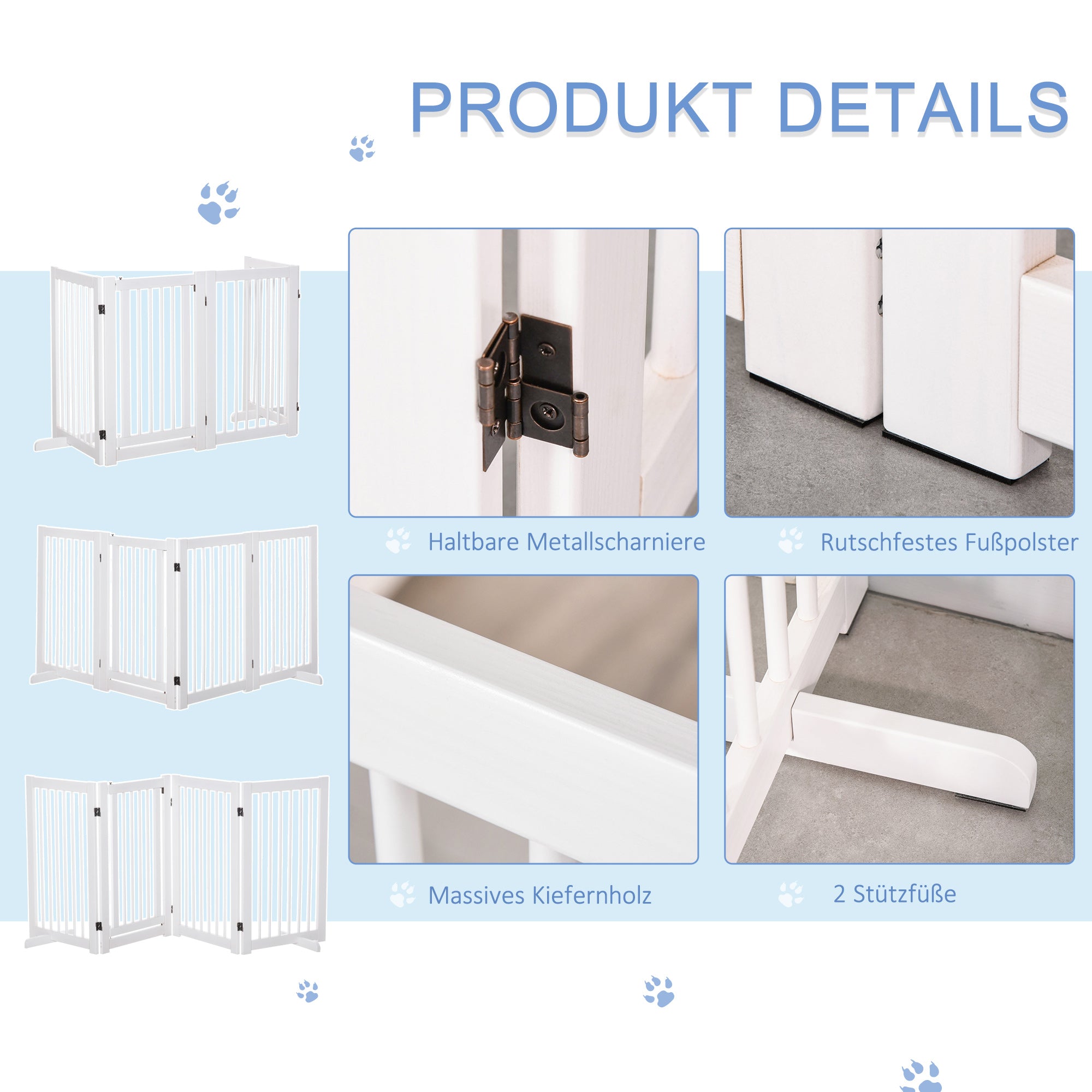 PawHut Absperrgitter Hund 4-teilig, 220 x 91 cm Faltbar Türschutzgitter mit Tür, Freistehend Hundegitter mit 2 Stützfüßen, Treppengitter aus Holz für Flur, Küche, Treppe, Weiß