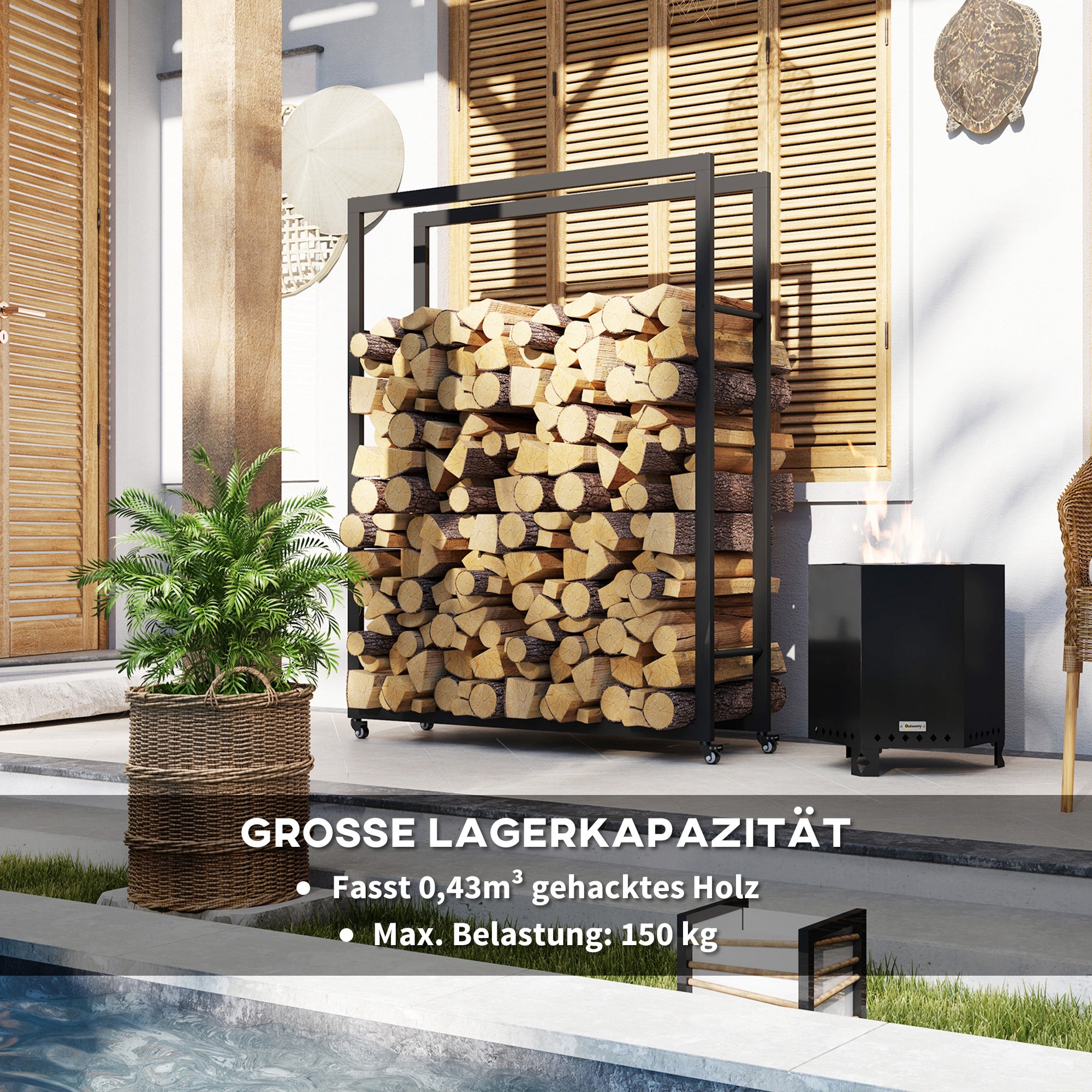Outsunny Feuerholzgestell mit Rädern, mobil, Metallrahmen, bis 150 kg, 120 x 32 x 151 cm, schwarz