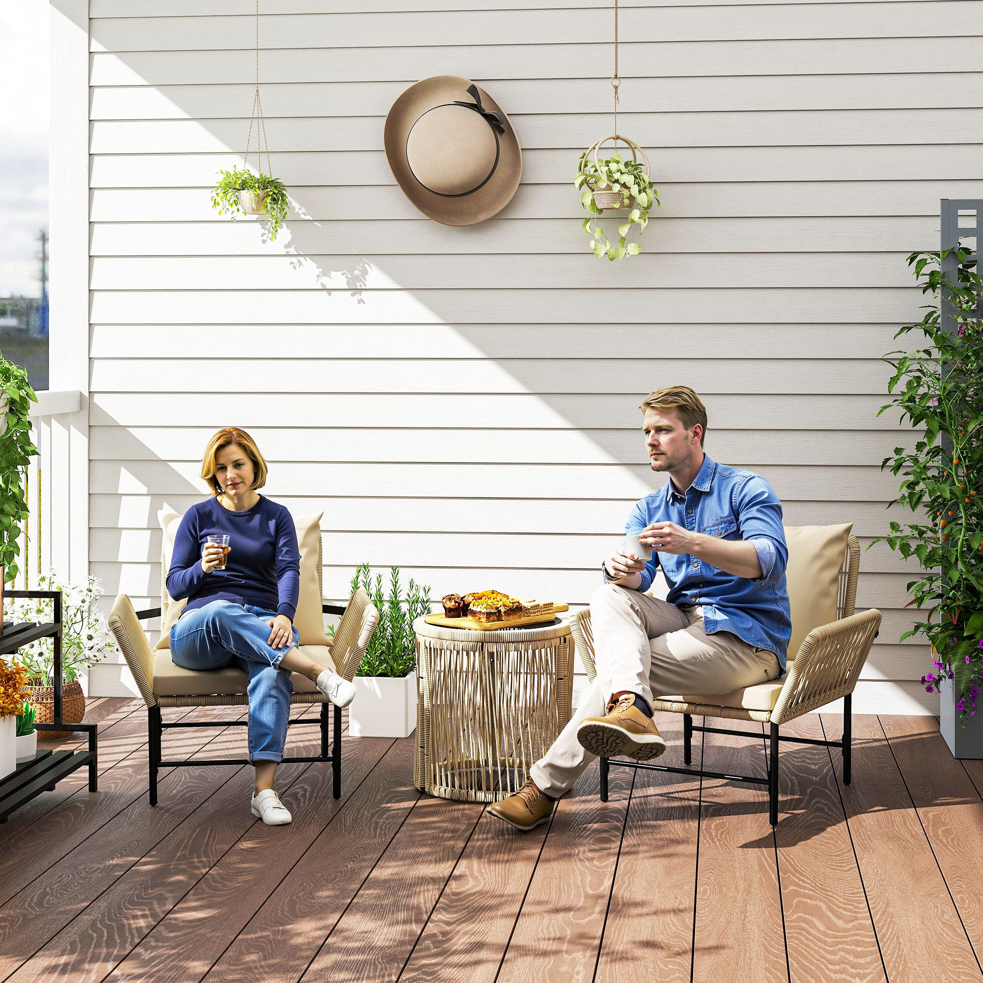 Outsunny Polyrattan Gartenmöbel Set, Outdoor Balkonmöbel für 2 Personen, 3-teilig mit 2 Stühle, Beistelltisch Sitzkissen