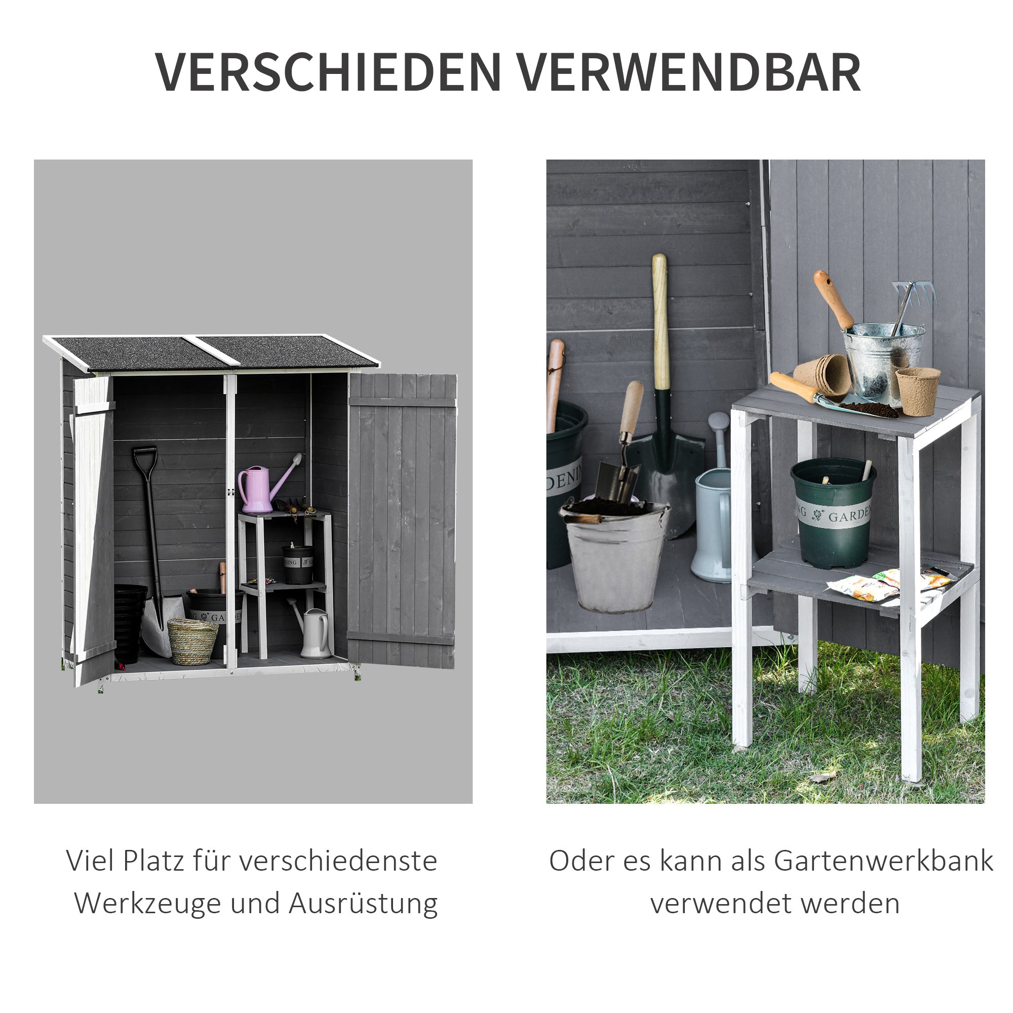 Outsunny Gartenschrank Geräteschuppen mit 2 Tür Geräteschrank mit Asphaltdach Gartenlagerschrank Antidumping Design mit Bodennägel Tannenholz Grau+Weiß 139 x 75 x 160 cm