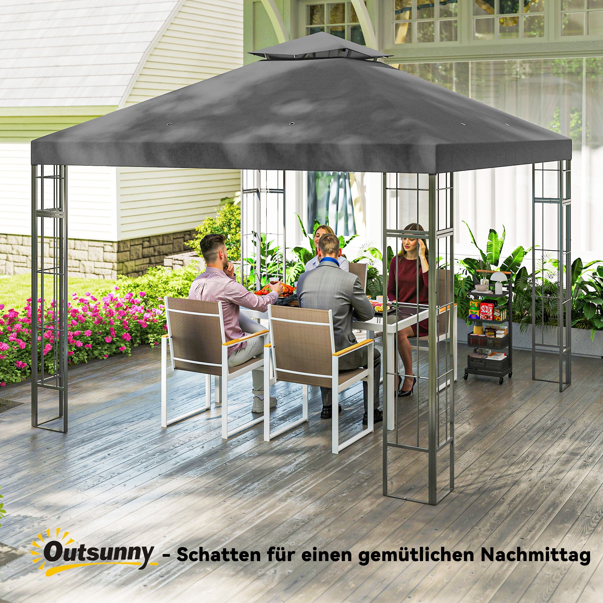 Outsunny 3 x 3 m Garten-Pavillon, 2-Stufen-Dach-Design, UV30+ Schutz, UV-beständig, Sonnenschutz, Metallrahmen, Dunkelgrau