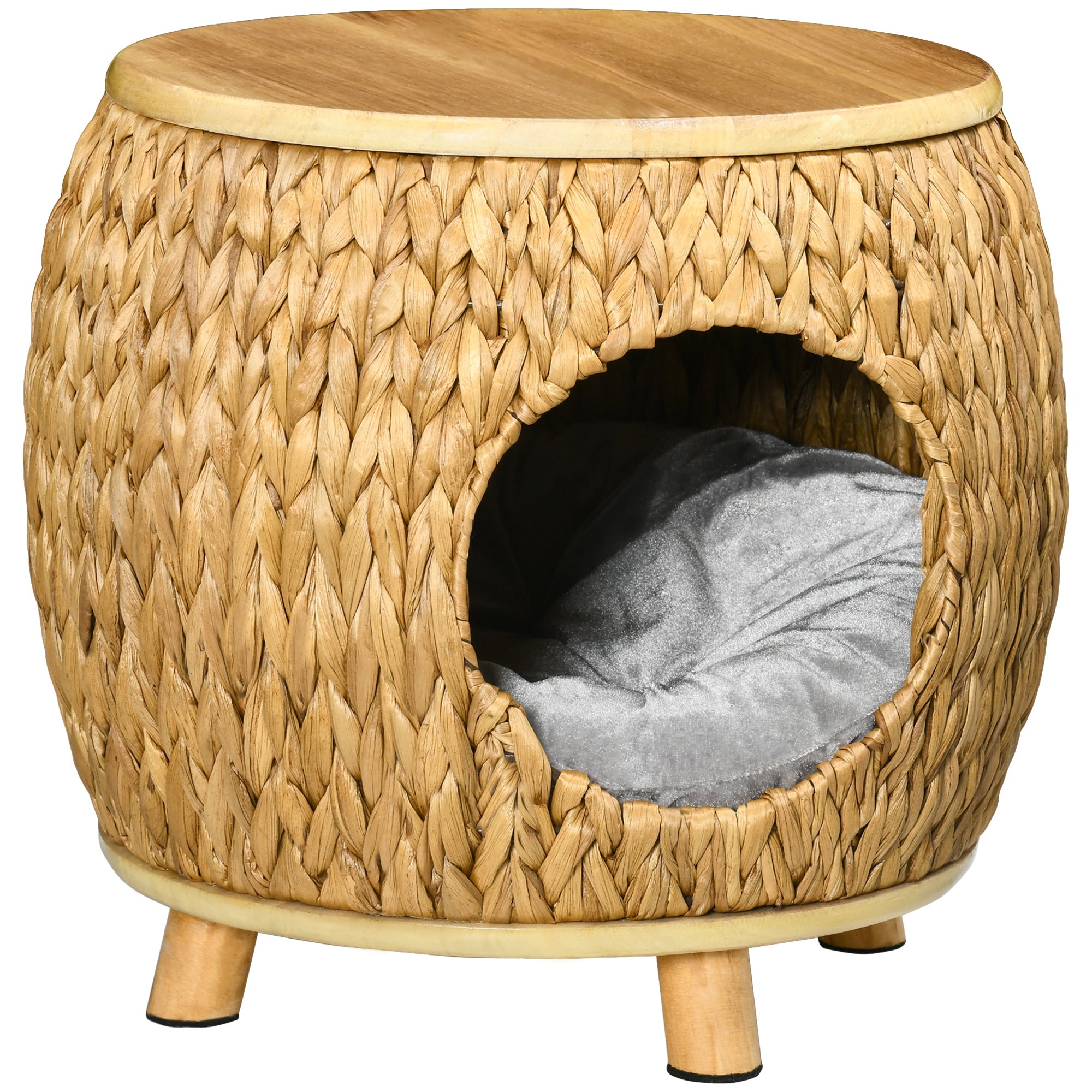 Pawhut Katzenhöhle aus Wasserhyazinthengras, waschbares Kissen, 44 cm x 43 cm x 42 cm Hellbraun+Naturholz+Grau