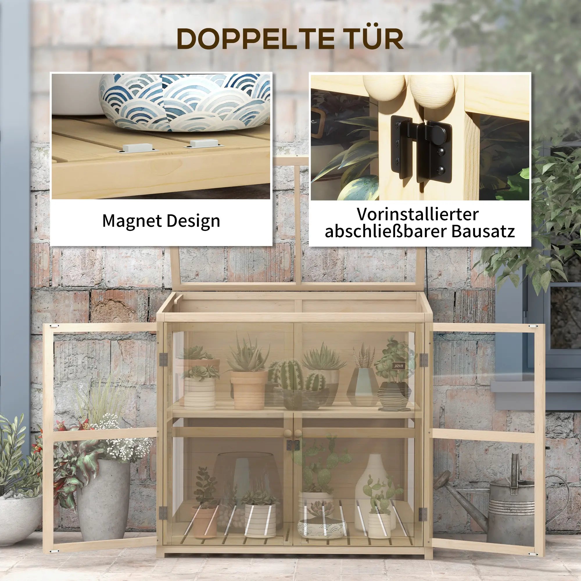 Frühbeet aus Holz 103x61?cm mit Tür & Fenster, Natur