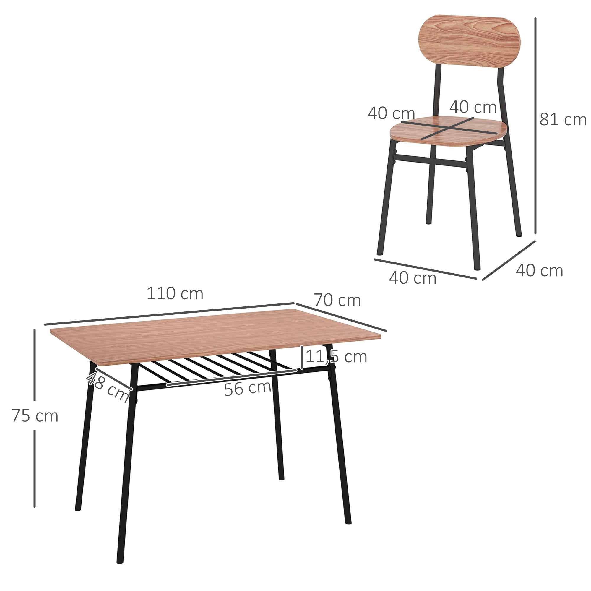 HOMCOM Essgruppe Tisch mit Stühlen Esszimmertisch, Industriedesign, 110 cm x 70 cm x 75 cm, Braun