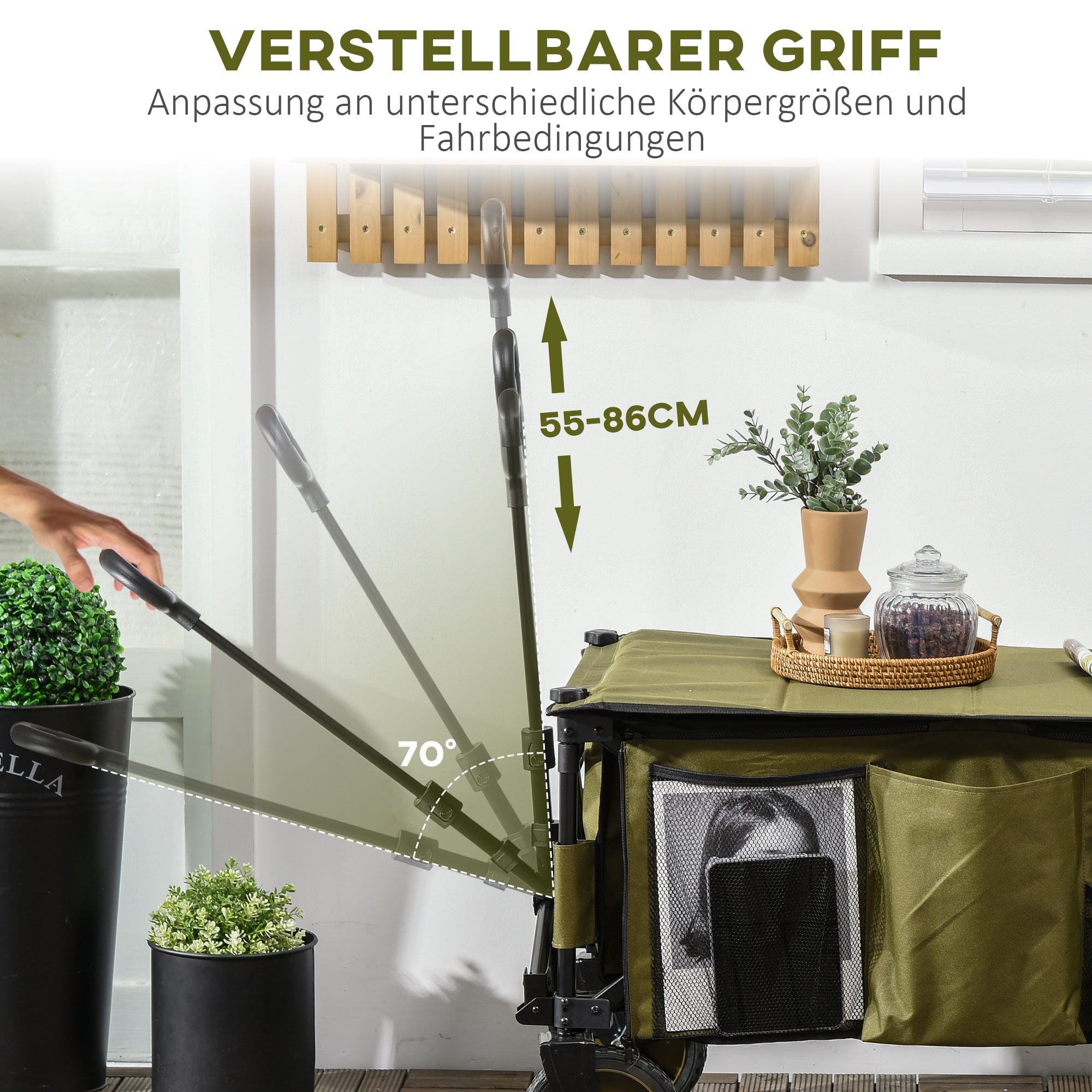 Outsunny Bollerwagen, klappbar, 5 Seitentaschen, verstellbarer Griff, bis 120 kg belastbar, Stahl, 108 x 55 x 93 cm, Grün