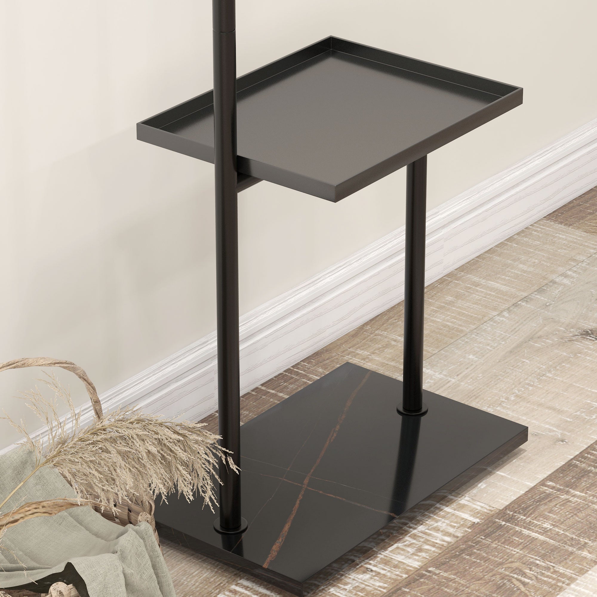 HOMCOM Garderobenständer, Kleiderstange mit Stoppern, 3 Haken, Ablagefach, Kunststeinsockel, Schwarz