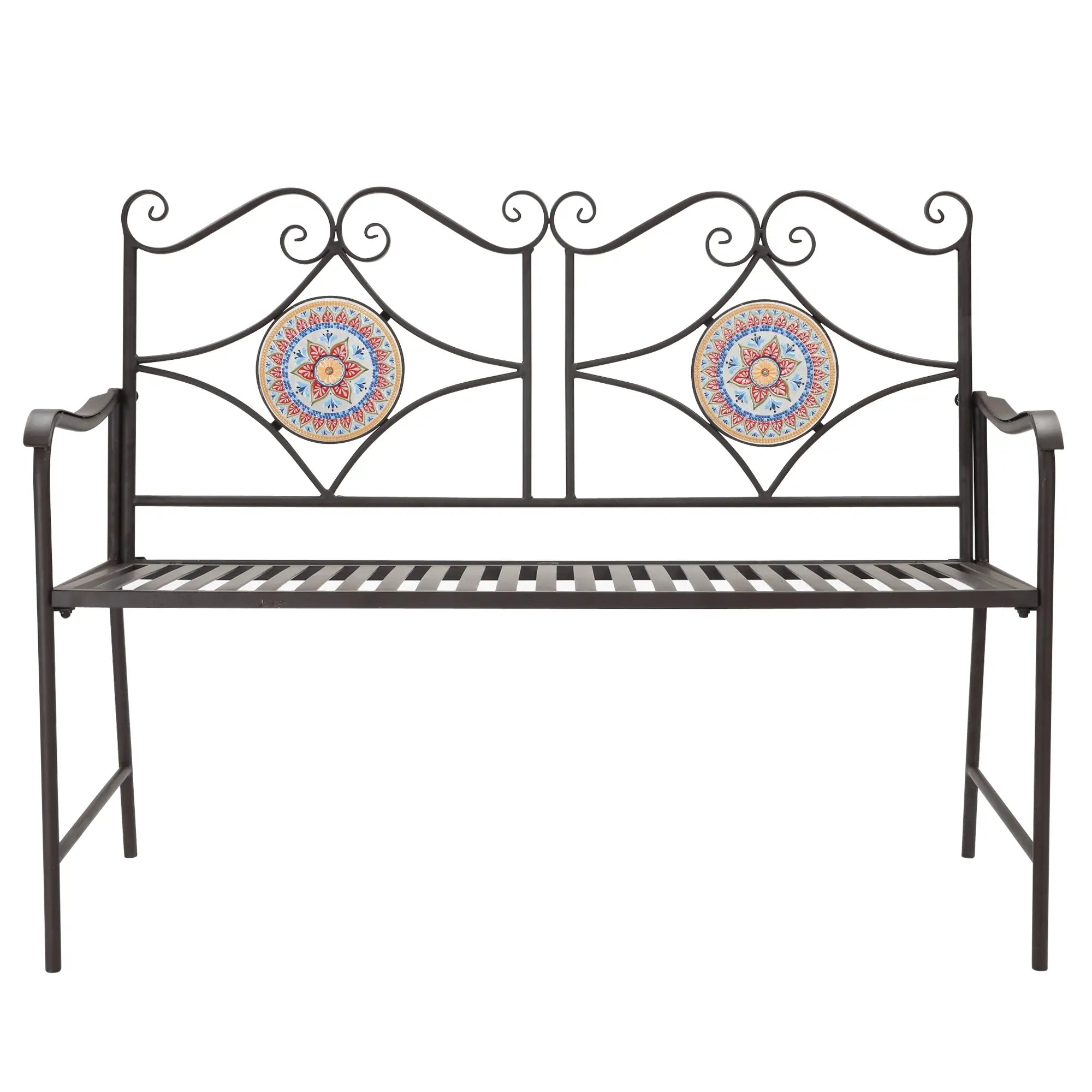 Outsunny Gartenbank im Vintage-Design, 2 Sitzer, wetterbeständig, mit Mosaiksteinen, 121 cm x 52 cm x 93 cm, Mehrfarbig