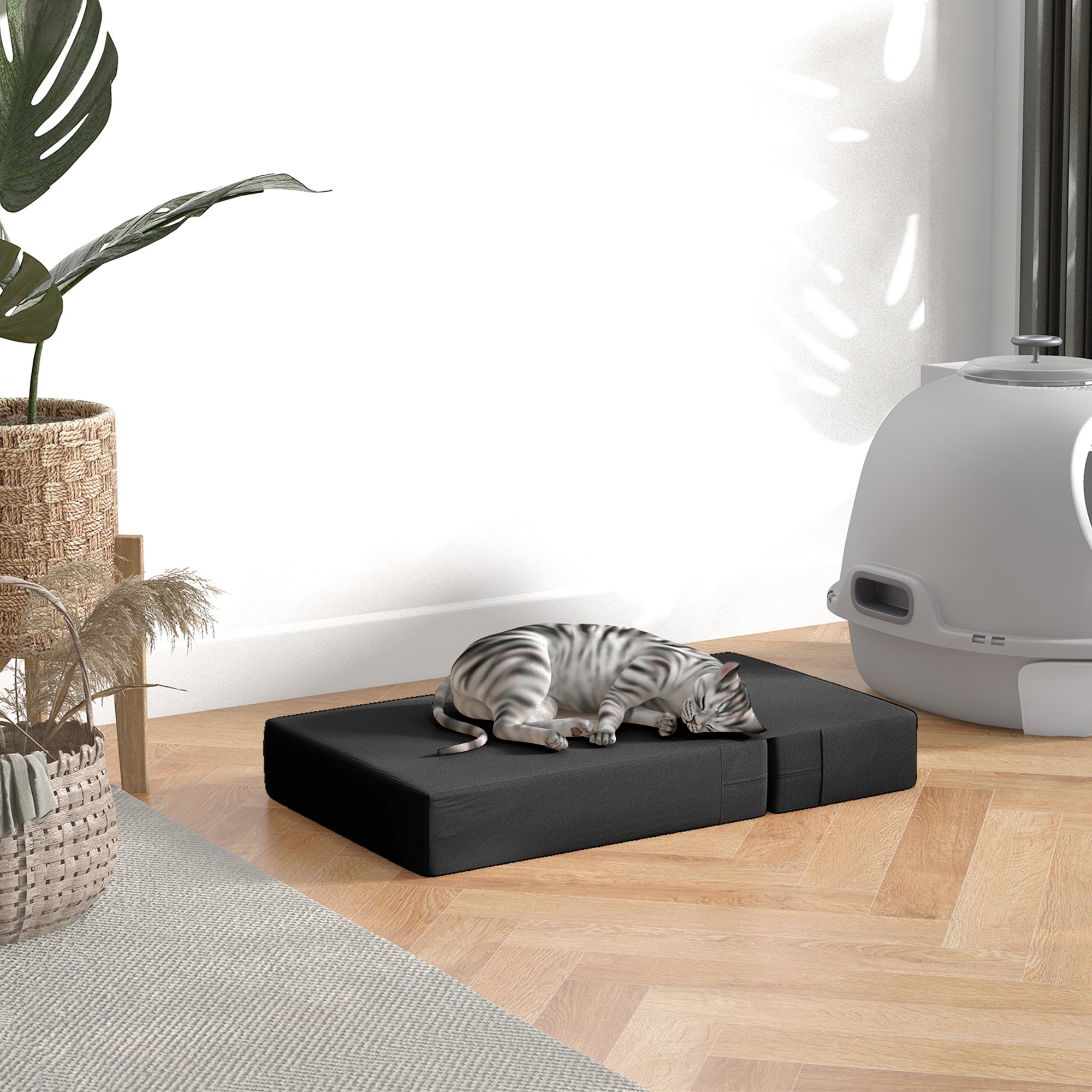 PawHut Haustiertreppe Tierunterlage 2 Stufen Klappbar Hundetreppe Treppe Unterlage für Katzen und Hunde Schwarz L45 x B39 x H20 cm