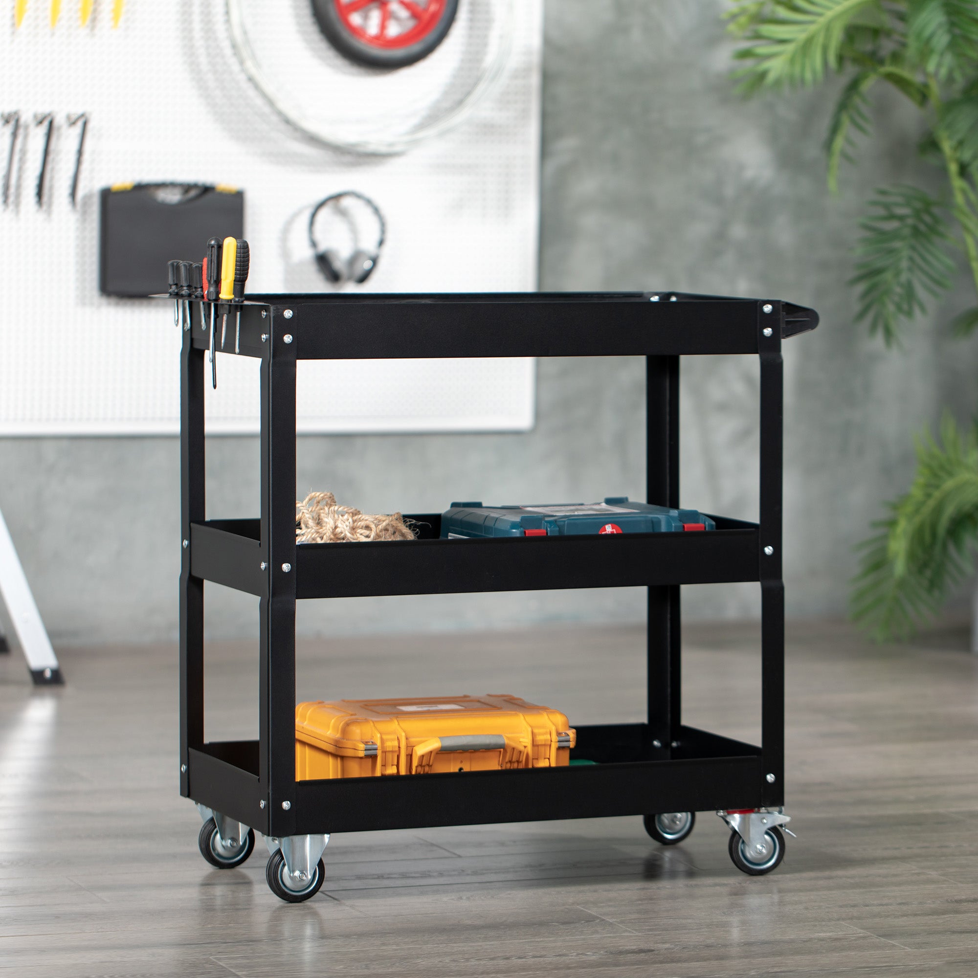DURHAND 3-stufiger Werkzeugwagen, 4 Rollen, Stahl, 83B x 35,3T x 76H cm, Schwarz