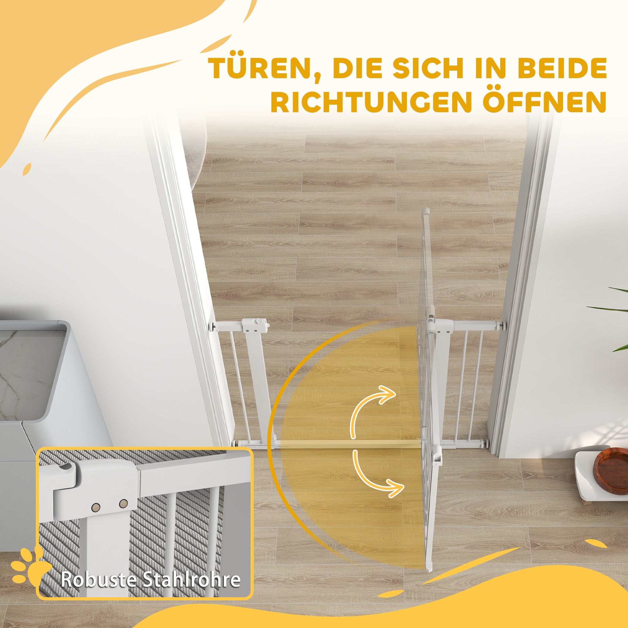 PawHut Haustiertor, 77 cm Treppengatter, verstellbare Breite 76-104 cm, mit Katzentür, für Treppen und Türöffnungen, Weiß