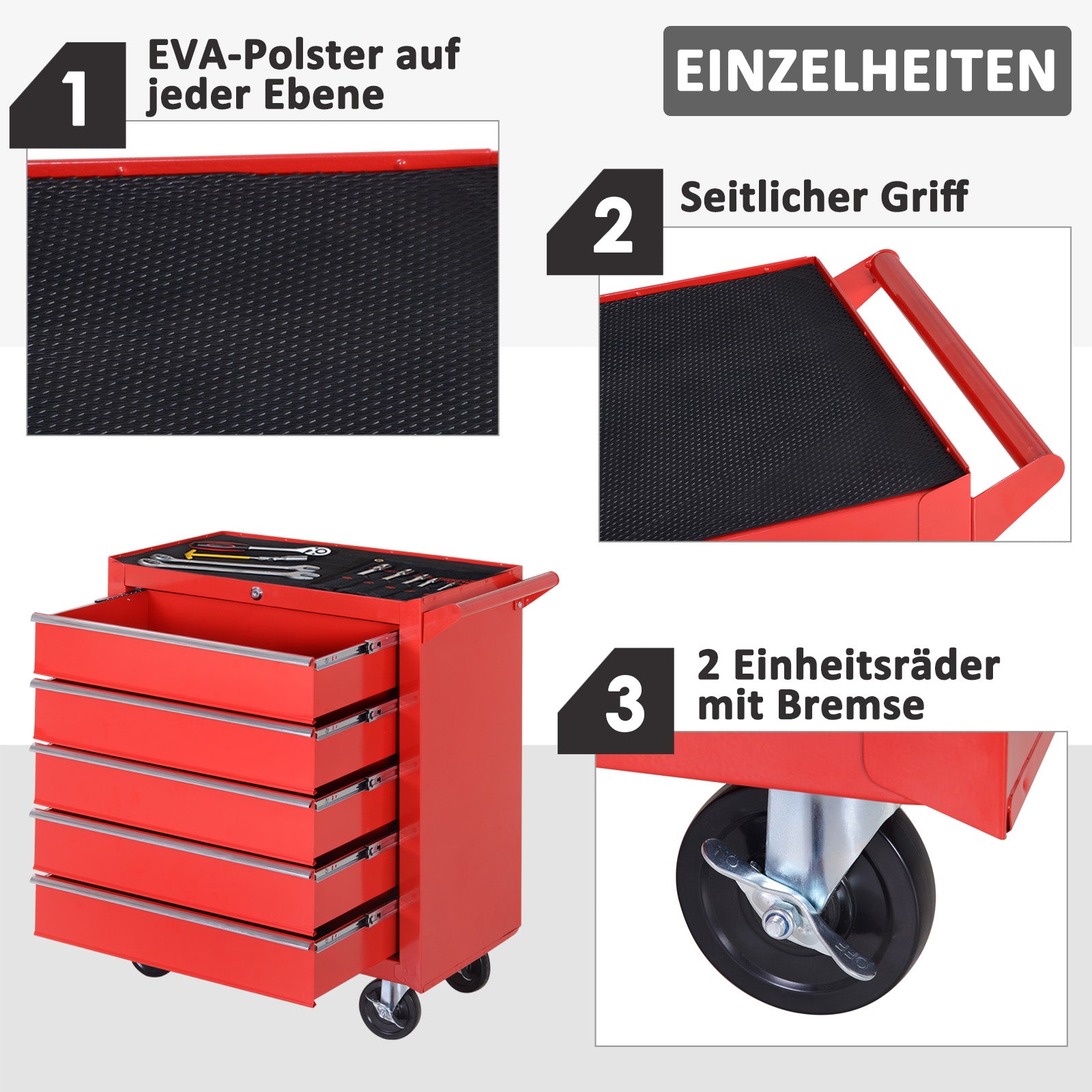 DURHAND Rollschrank, Werkzeugschrank für Garage, Schuppen, Stahl, 69L x 33B x 75H cm, Rot
