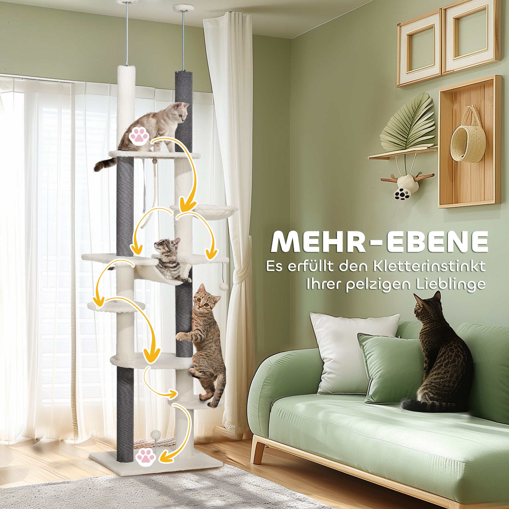 PawHut Kratzbaum, deckenhoch, verstellbar 225-255 cm, Plattformen & Hängematten, Kippschutz, Weiß