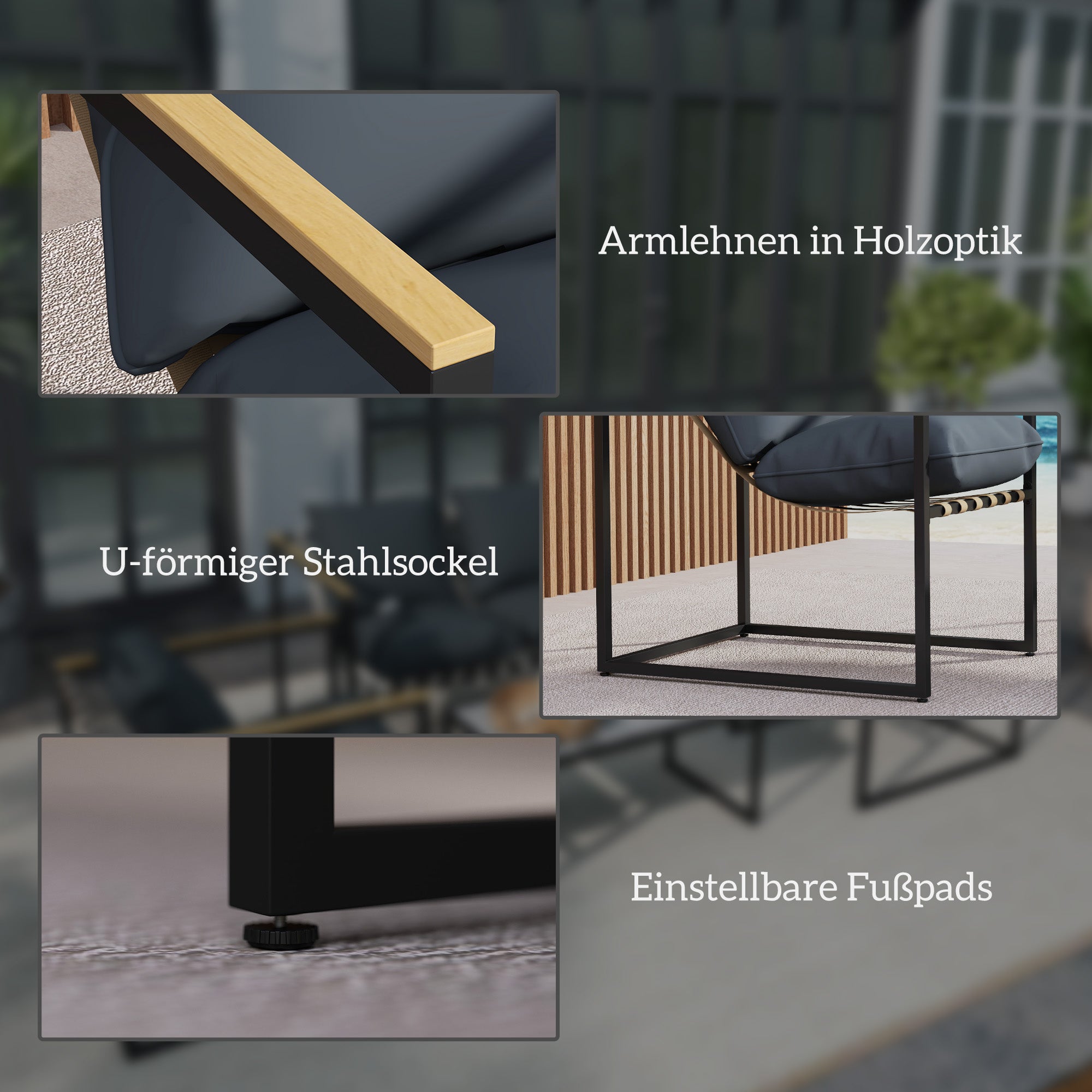Outsunny 4-teiliges Gartenmöbelset, Outdoor-Möbel-Set, 2 Sessel, 2er Sofa, 1 Tisch, gepolstert, Stahl, Polyester, Grau