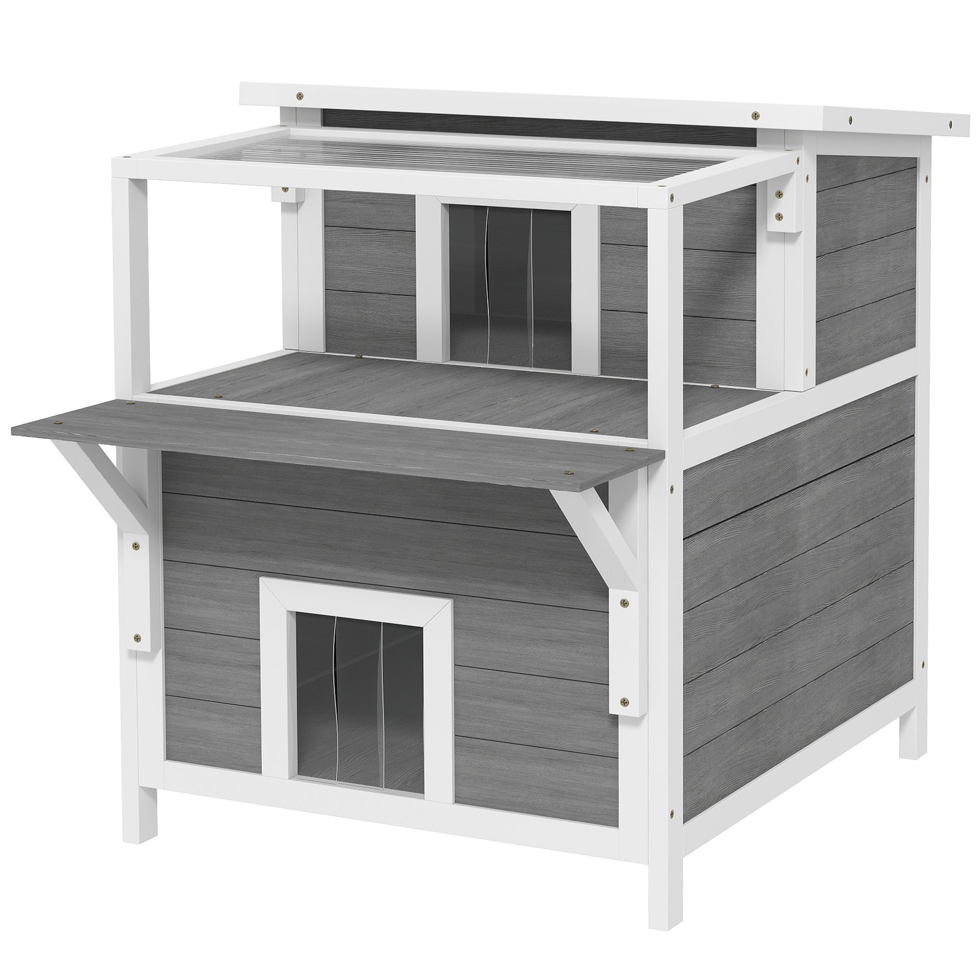 PawHut 2-stöckiges Katzenhaus mit Balkon, Wetterfeste Katzenhütte, Regen- und Sonnenschutz, für drinnen und draußen, Hellgrau