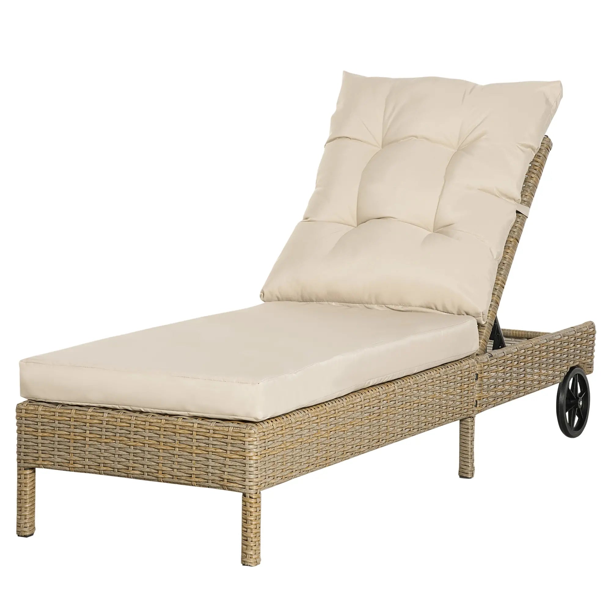 Outsunny Polyrattan Sonnenliege mit Kissen, Natur+Khaki
