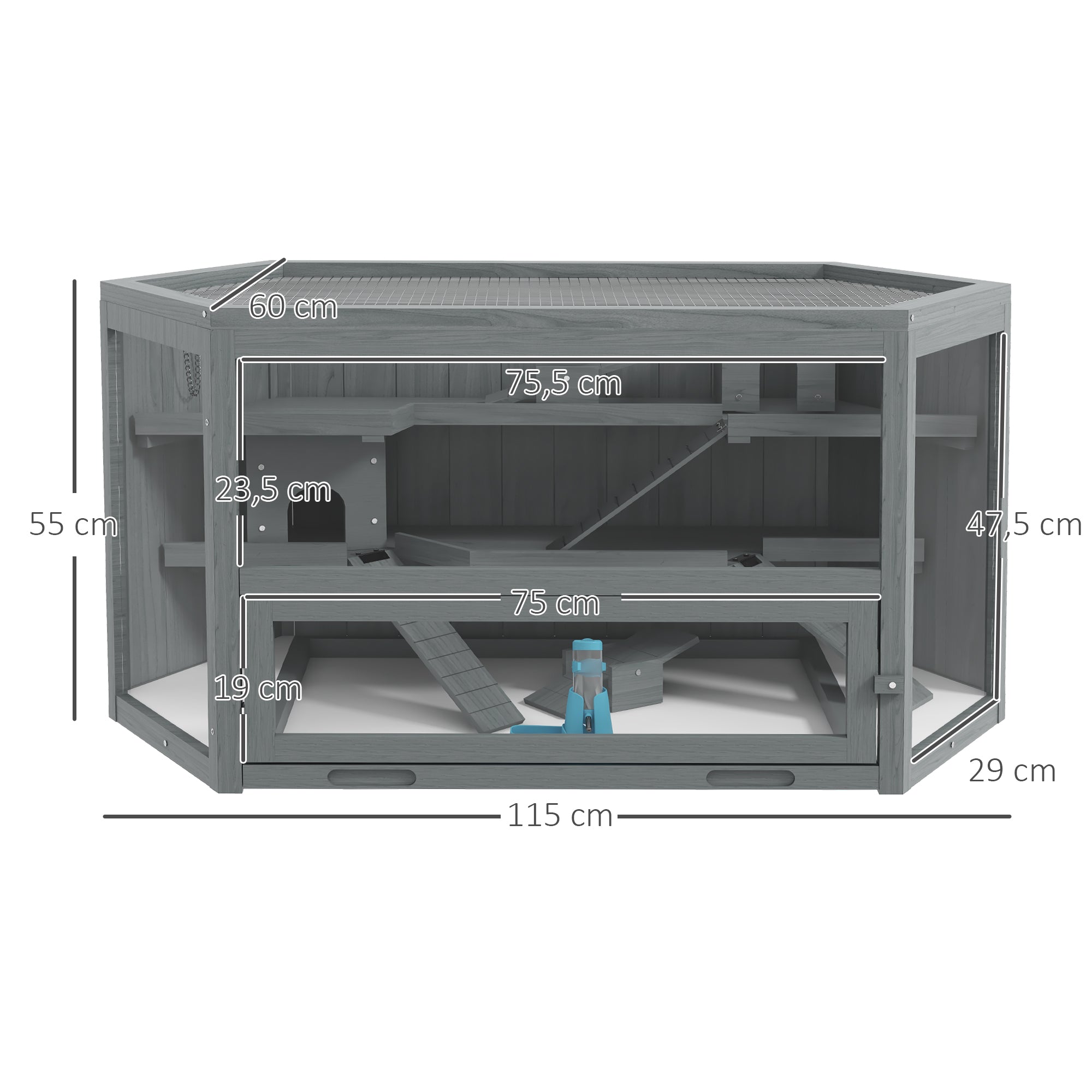 PawHut Hamsterkäfig, 3 Etagen, herausnehmbare Wanne, Holz/Metall, 115x60x55 cm