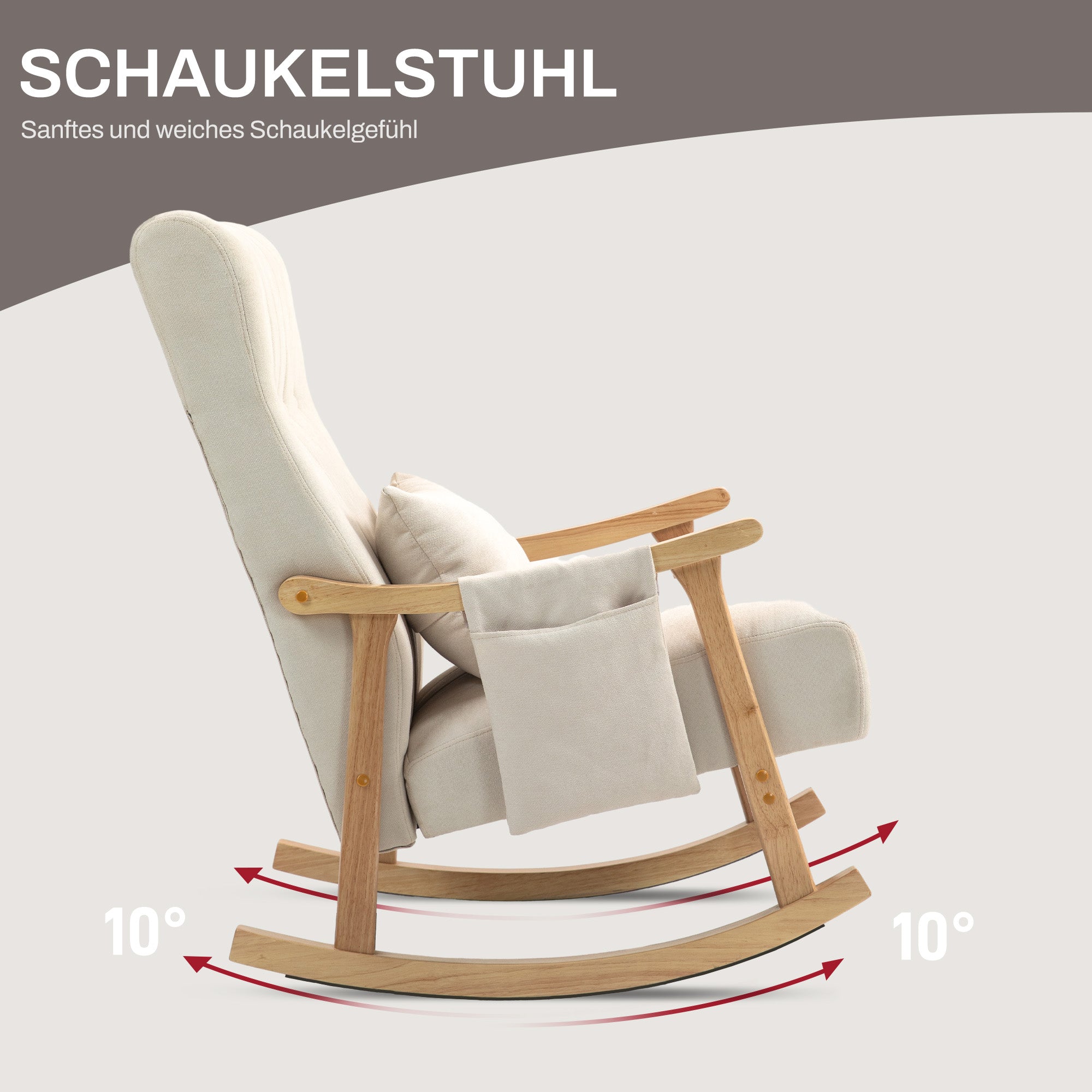 HOMCOM Schaukelstuhl mit Nierenkissen, breiter Sitz, Buchenrahmen, bis 120 kg, Beige