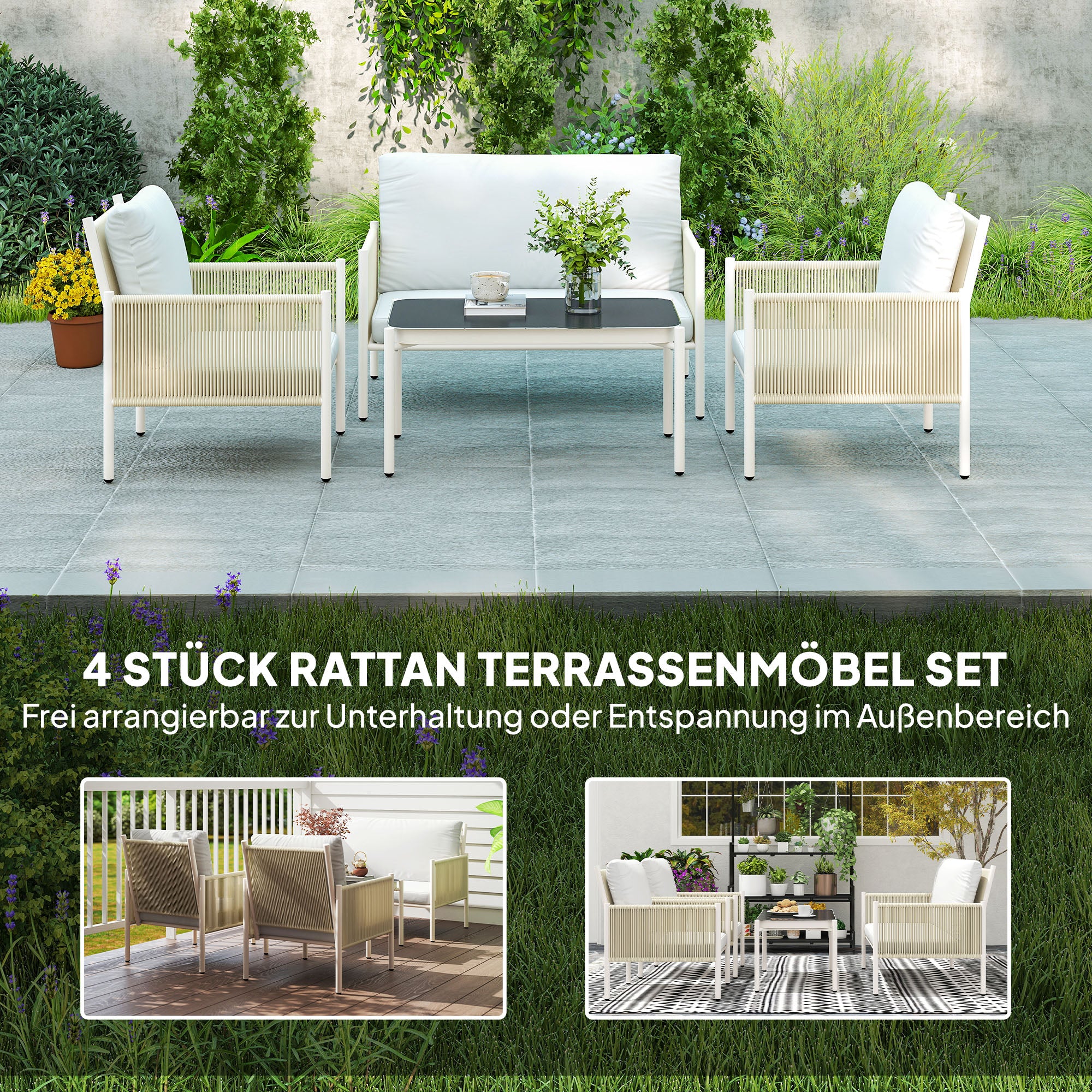 Outsunny Gartenmöbel Set aus Polyrattan Lounge-Set mit 2er Sofa Sessel Glastisch Kissen 4 Personen Braun+Grau