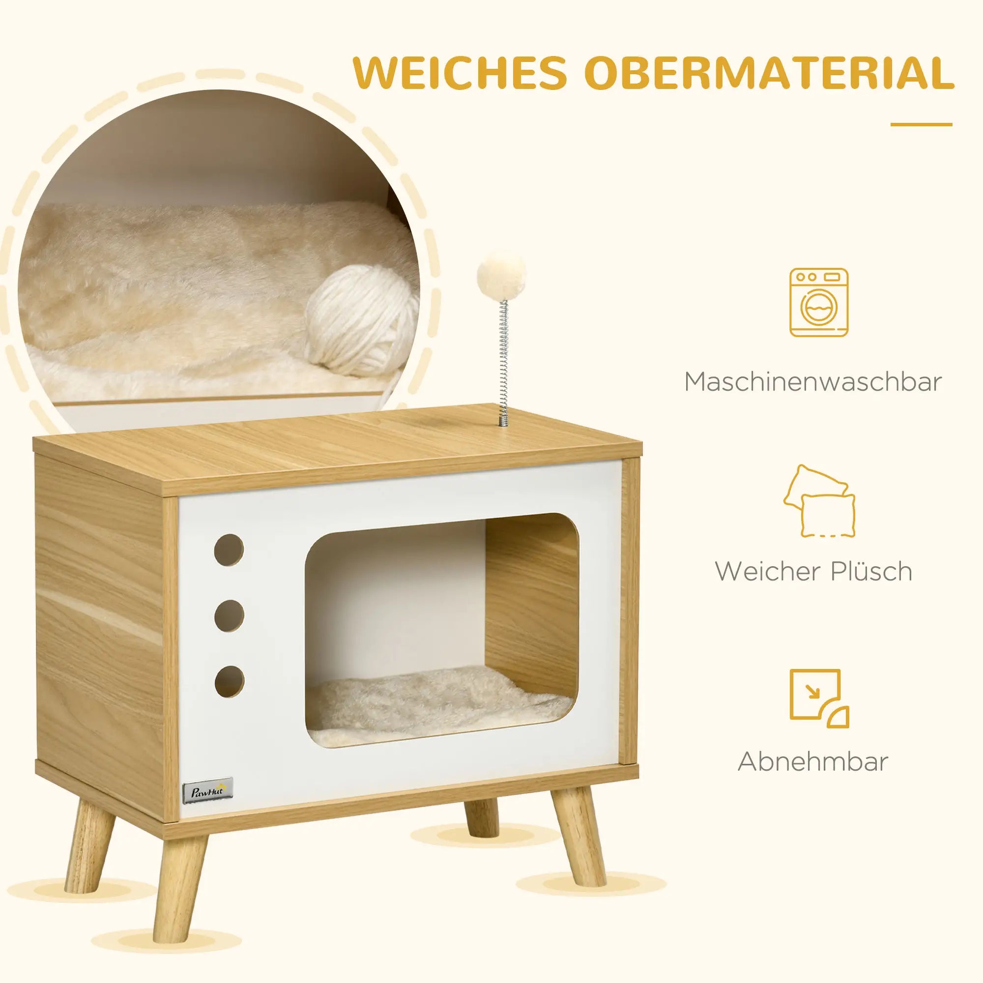 PawHut Katzenhöhle imTV-Design inkl. Spielzeug, waschbares Kissen, 50 cm x 28 cm x 43 cm, Eiche + Beige + Weiß